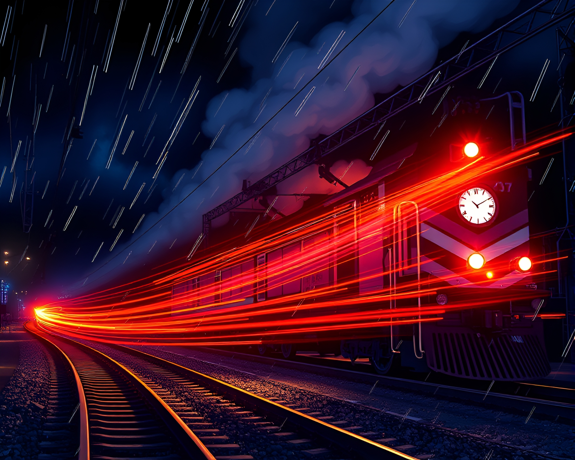 Wild Stallion Galloping Through Manga Style Concert Stage with Train Light Trails – free AI stock image