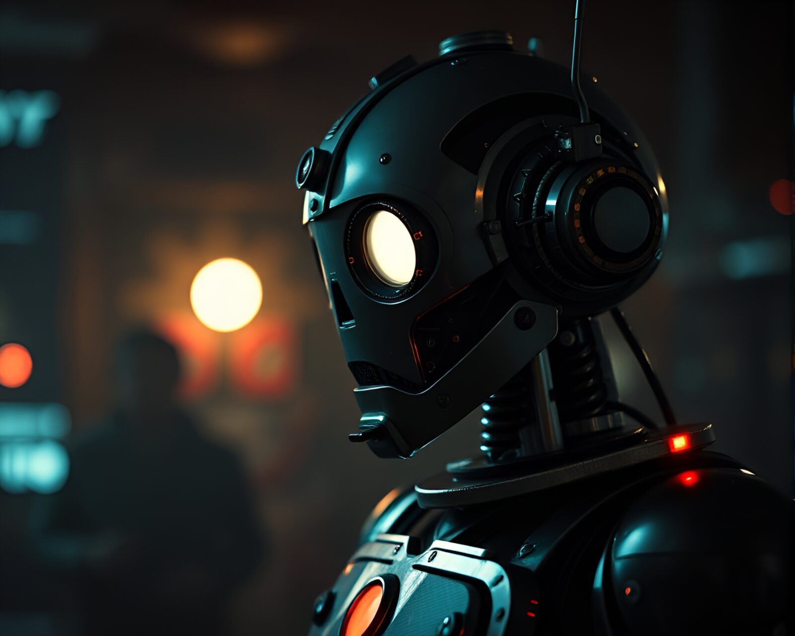 Hazy steampunk robot in high-contrast noir lighting