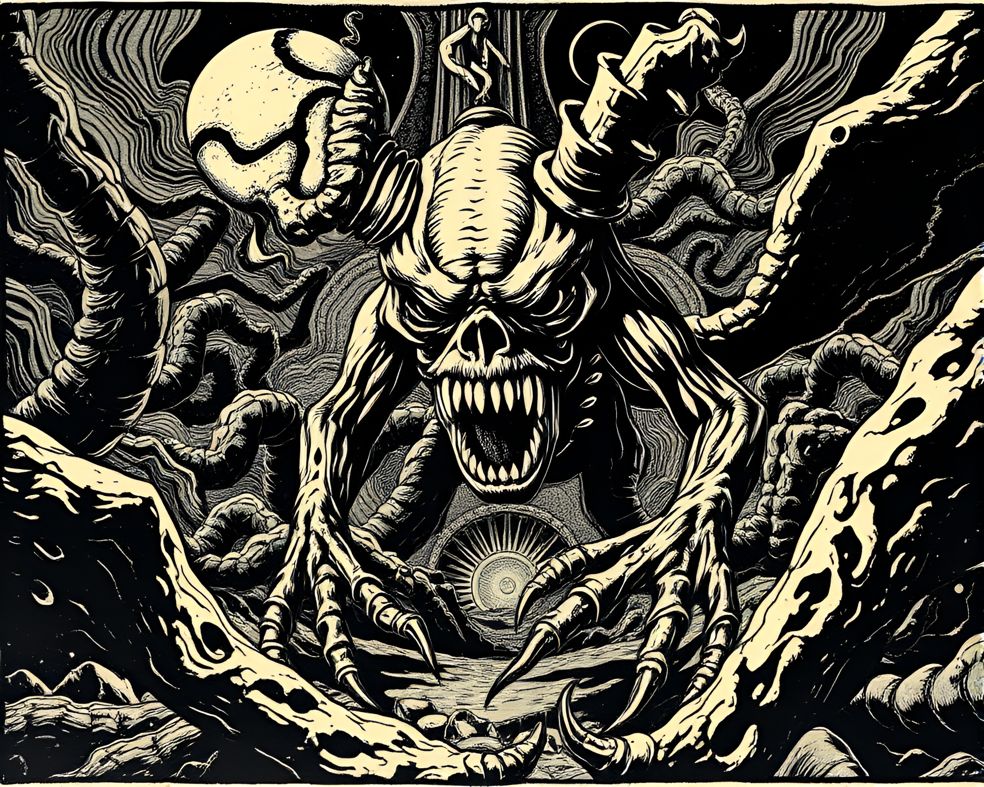Stereoscopic Kraken Linocut: Retro Scanlines and 3D Textures – free AI stock image