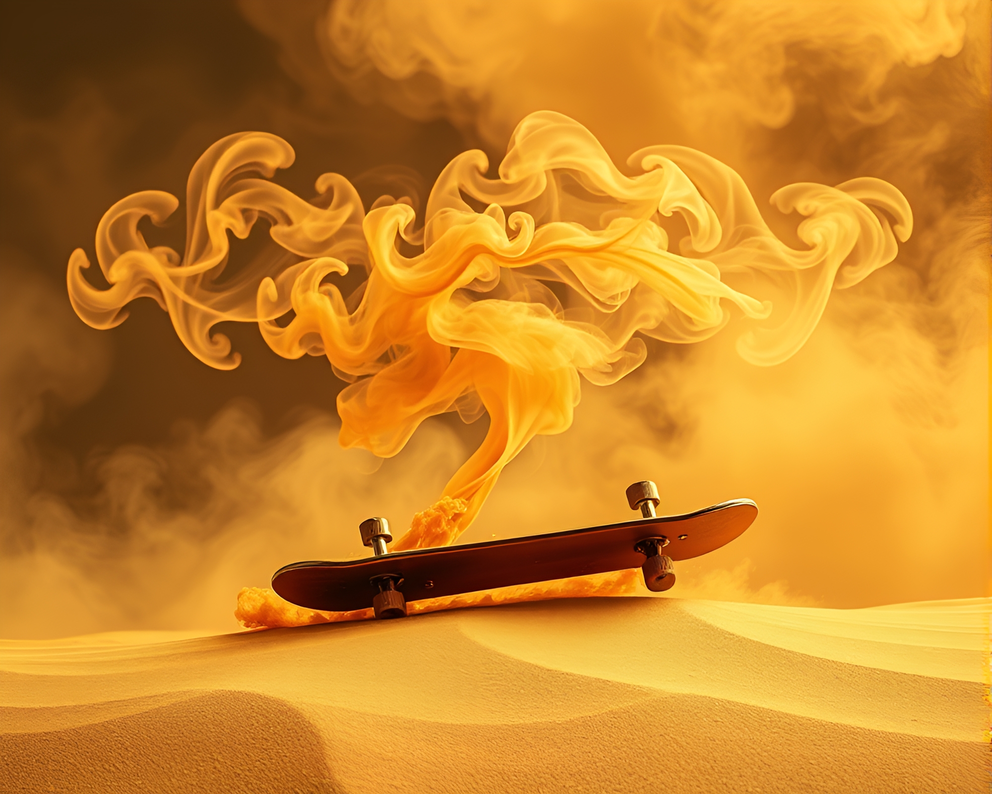 Skateboarder amidst swirling desert smoke plumes – free AI stock image