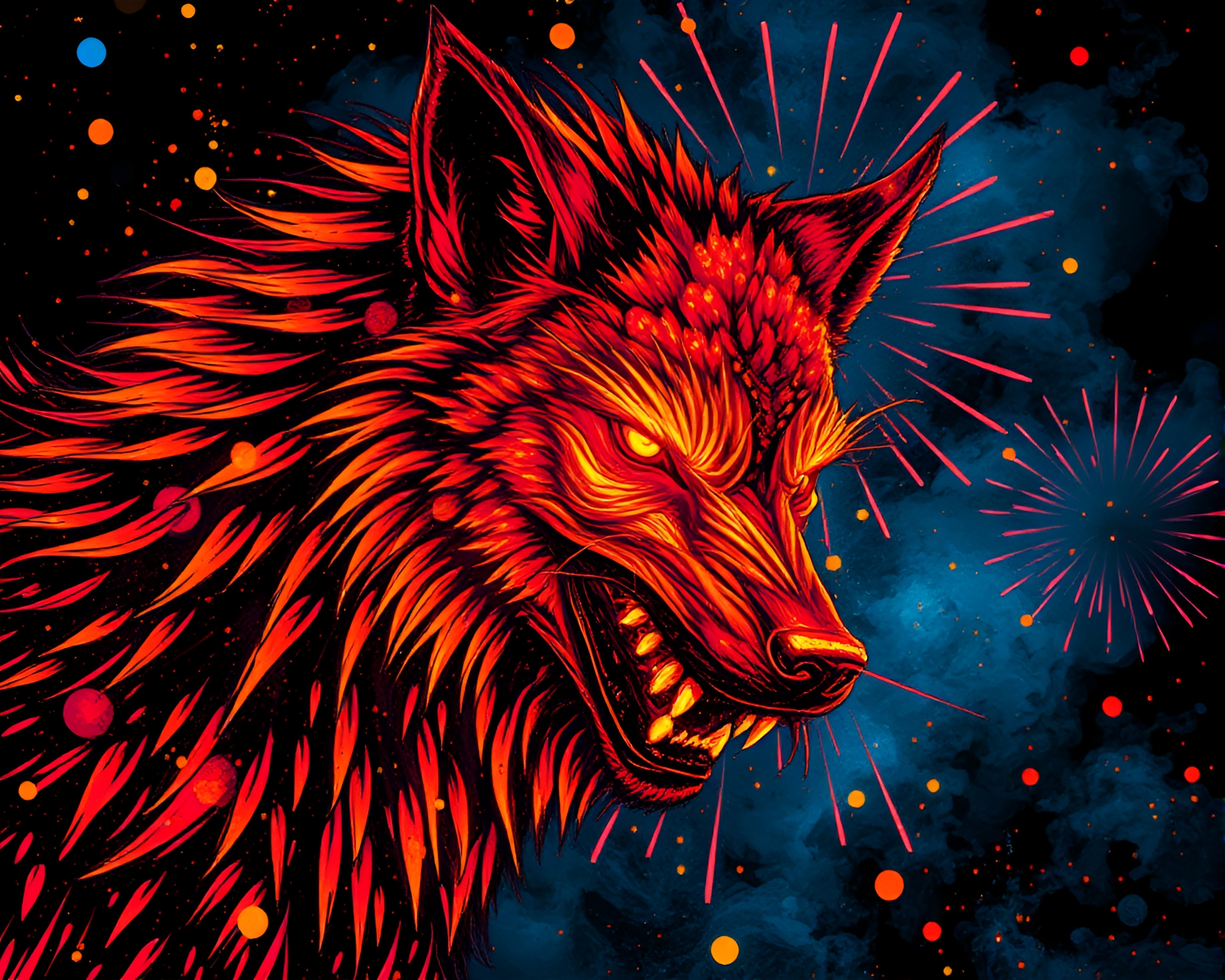 Intricate Werewolf Splatter Art Festival Fireworks Glow – free AI stock image