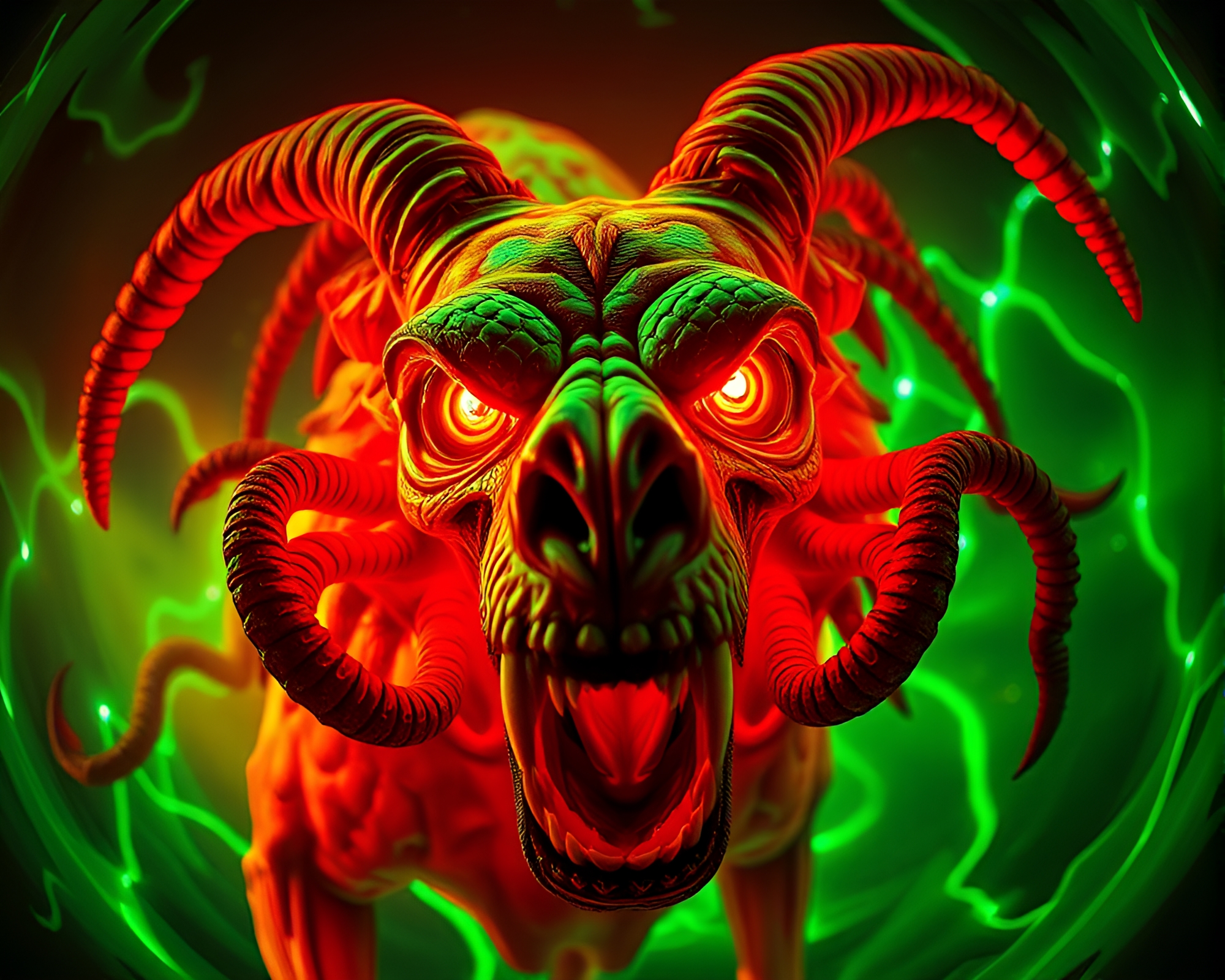 Surreal Cerberus Under Fluorescent Fisheye Lens – free AI stock image