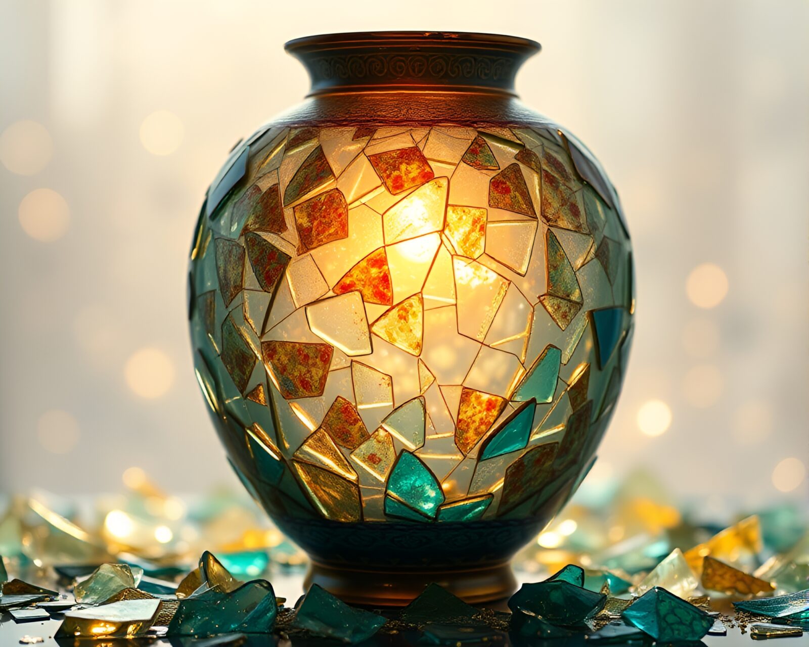 Cloisonné vase surrounded by shards in golden dawn light