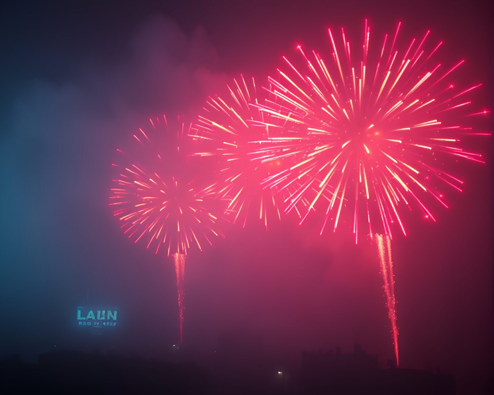 Colorful fireworks exploding over misty neon sign mosaic pattern