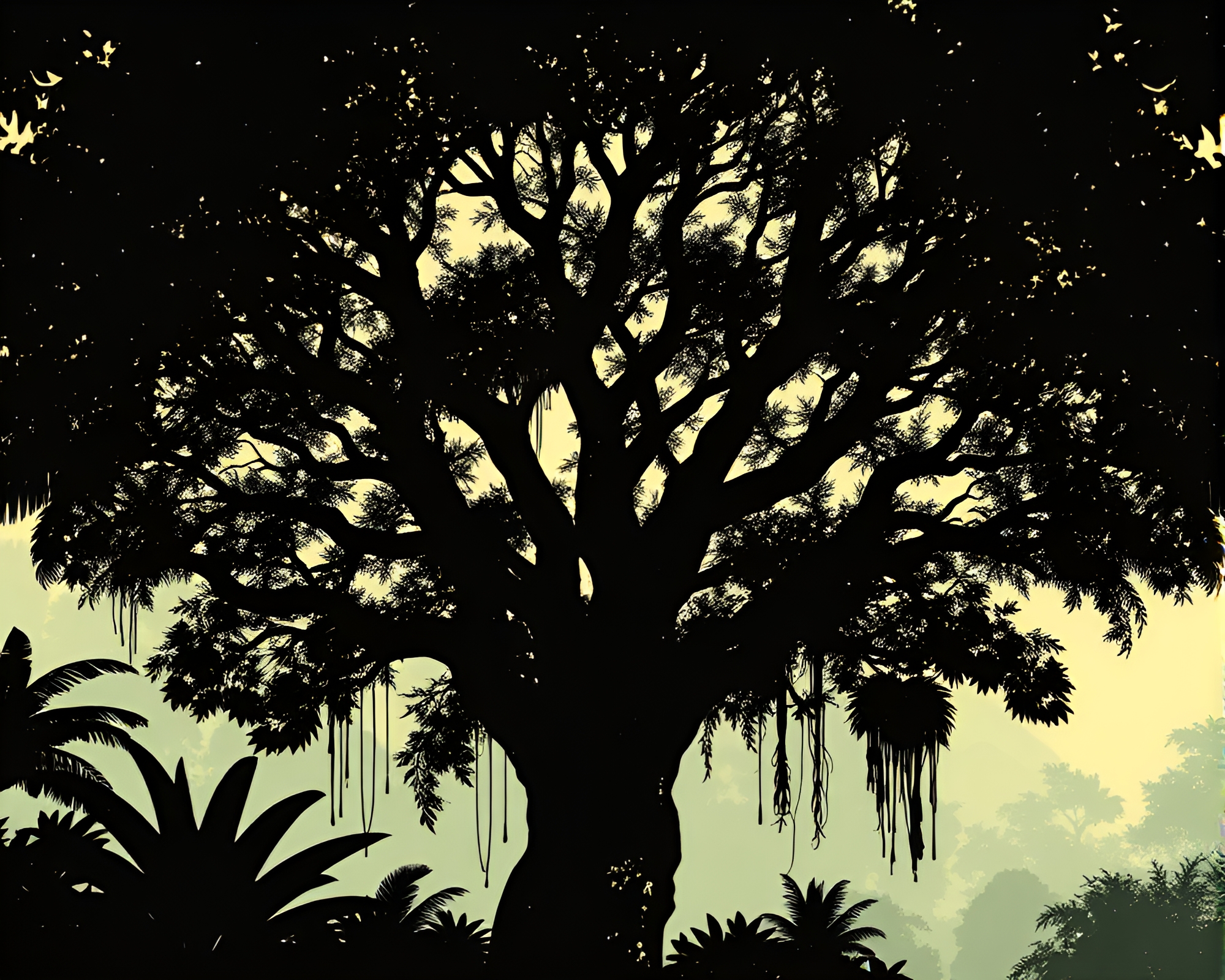 Ancient Tree Canopy: Jungle Stencil Art Composition – free AI stock image