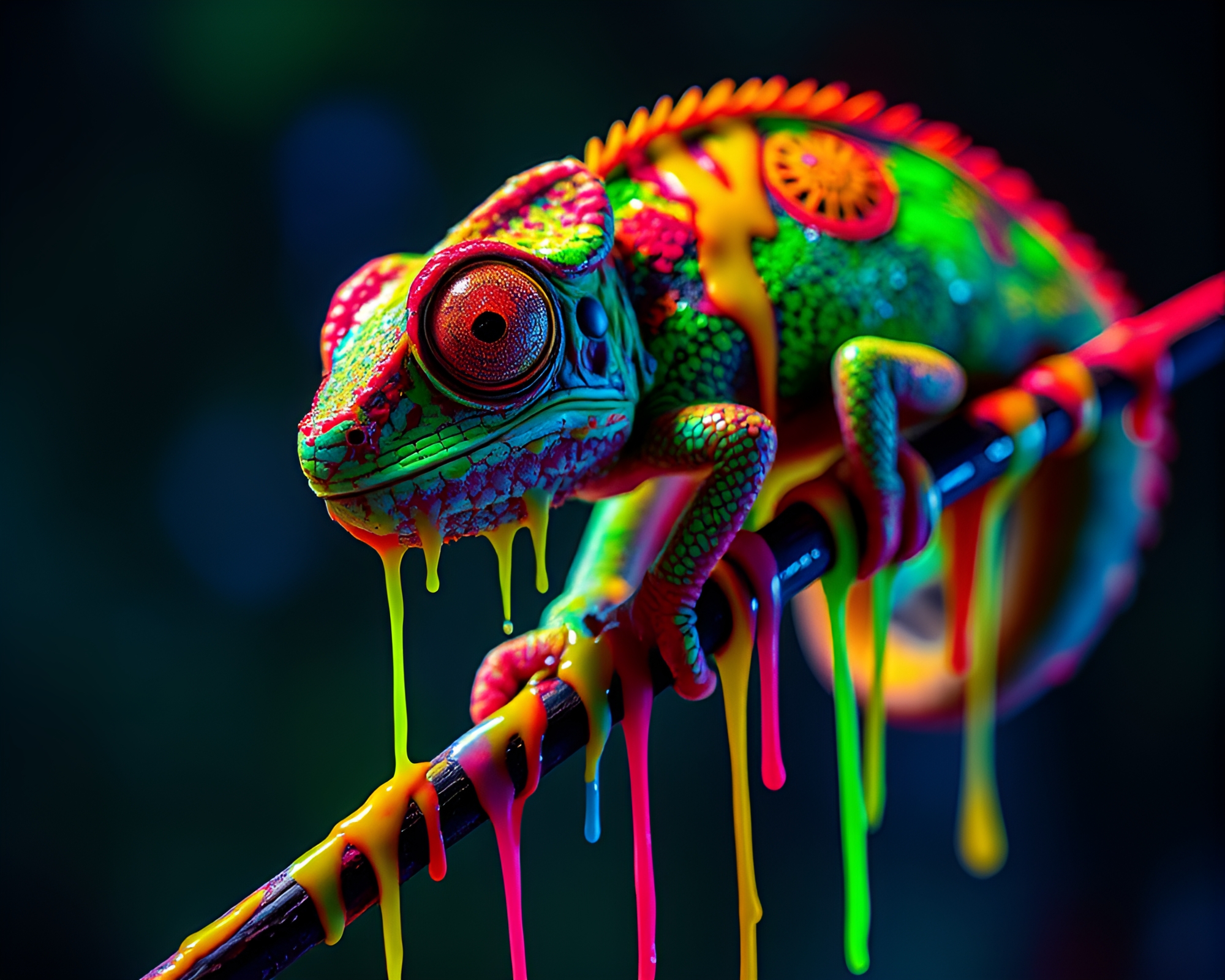 Hyper-Saturated Chameleon in Paint Dripped Spotlight – free AI stock image