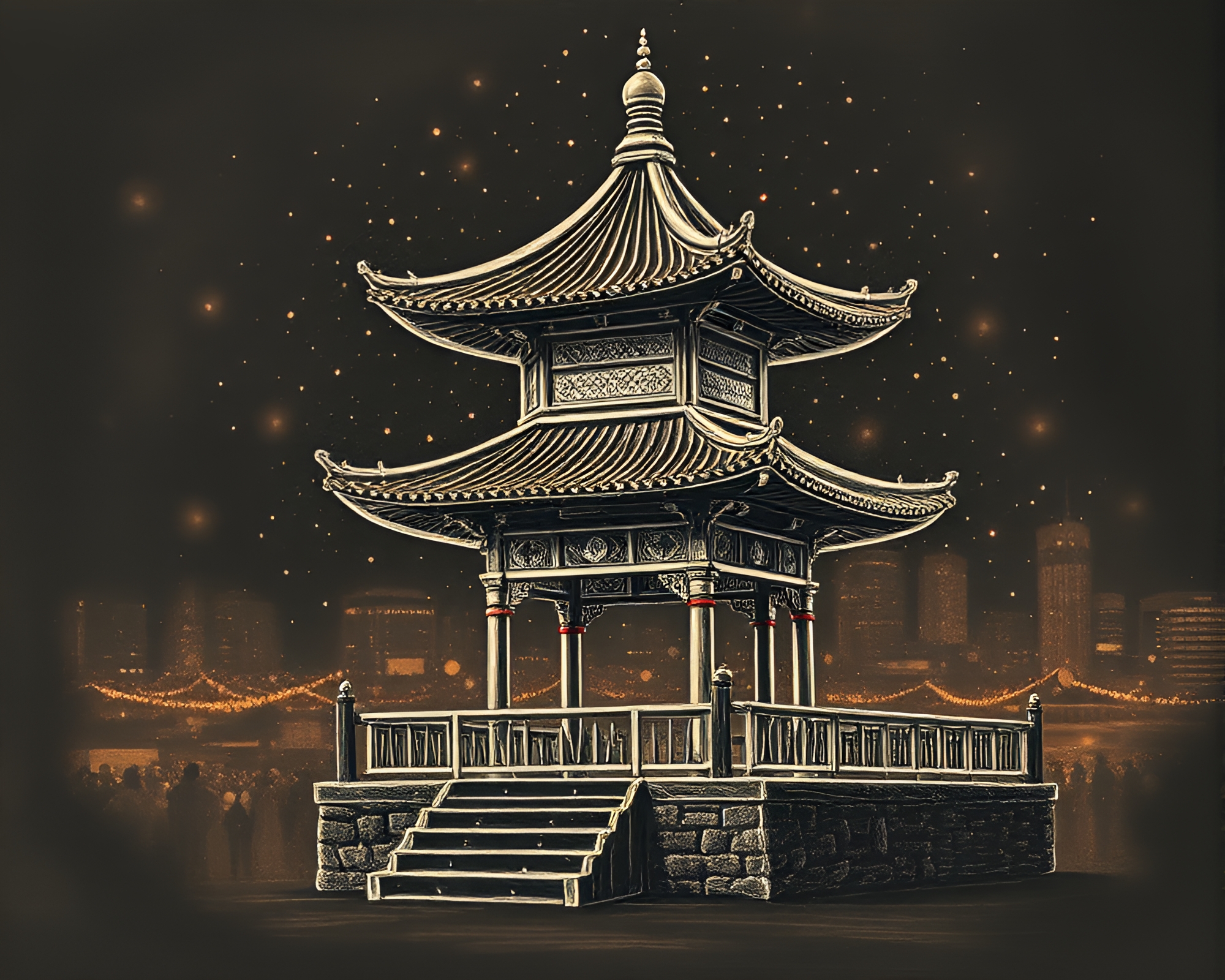 Pagoda in sepia-toned holographic chalkboard illusion – free AI stock image