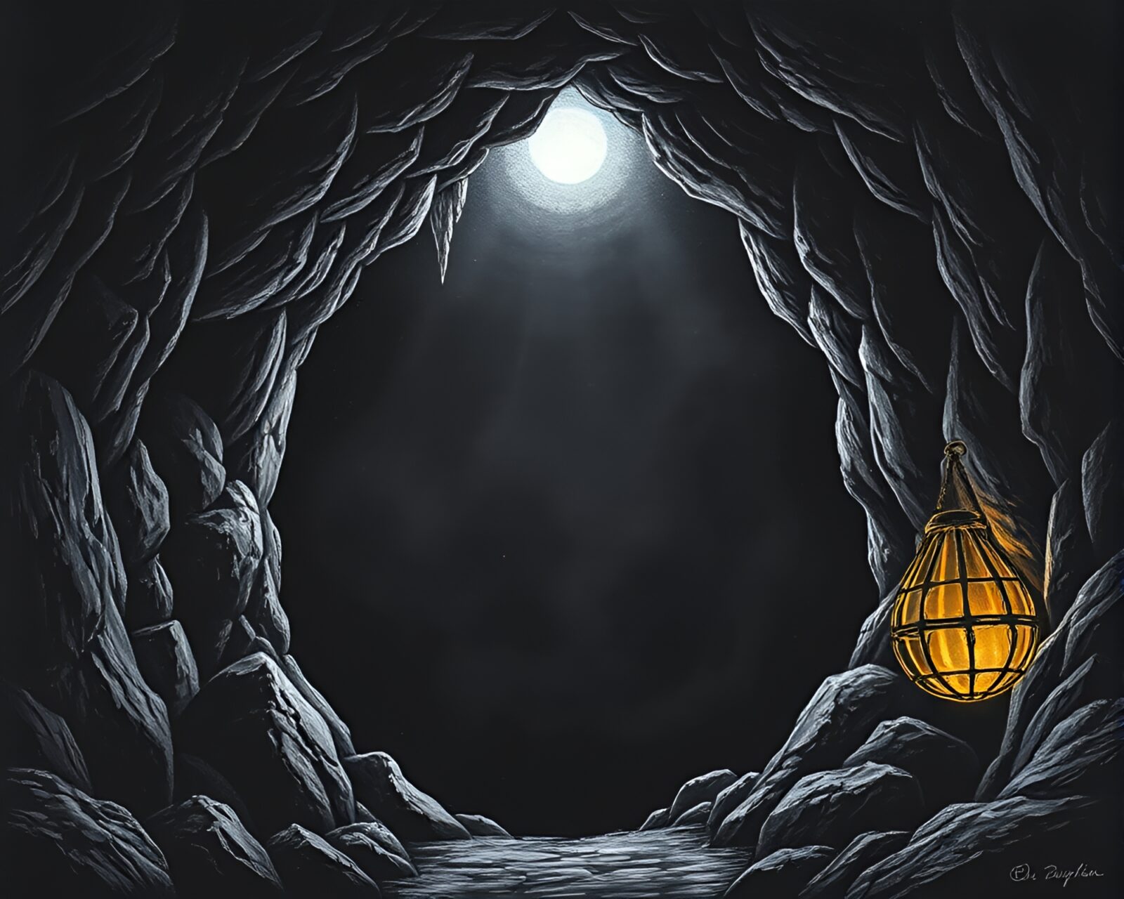 Chalkboard drawing of oasis cave entrance seen from above
