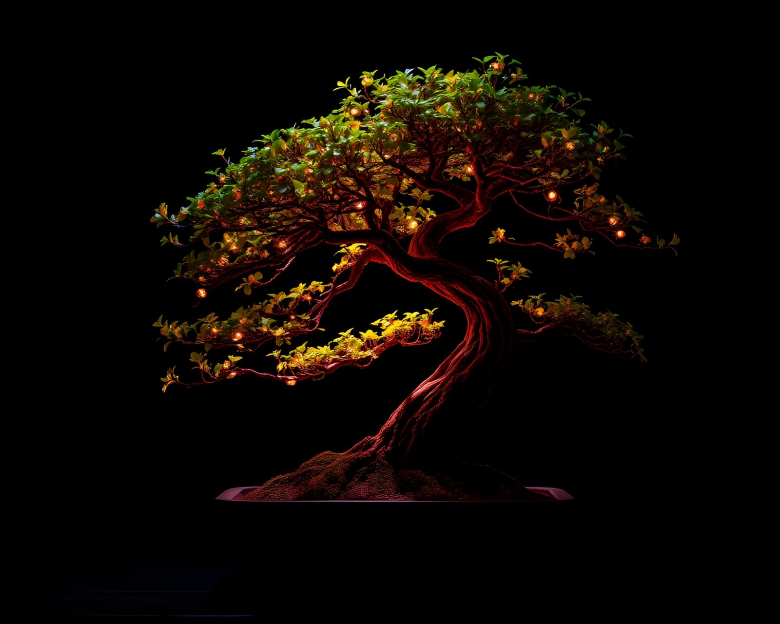 Detailed hatching art of bonsai tree with glowing fluorescent lights