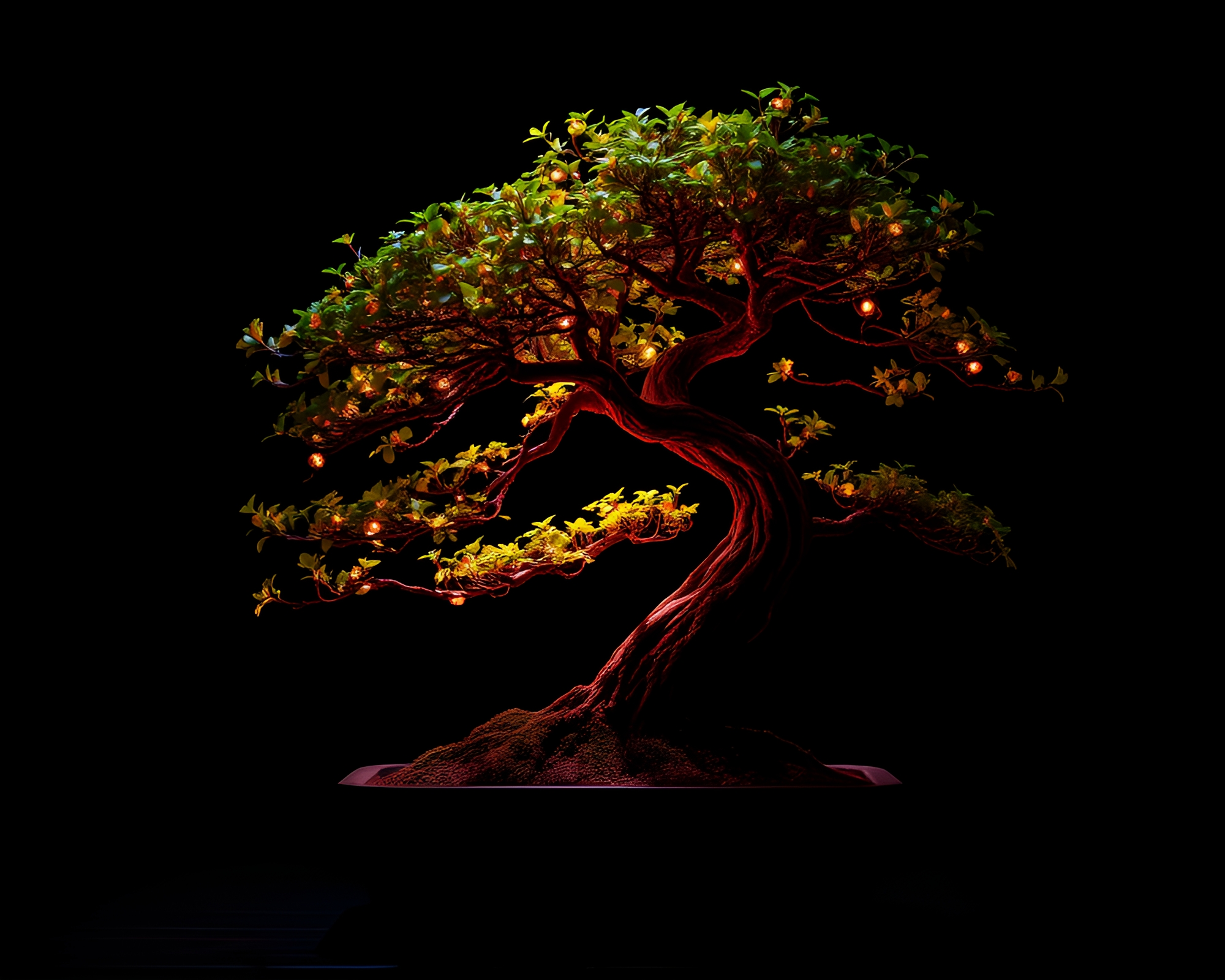 Chiaroscuro Bonsai Tree Illuminated by Fluorescent Glow – free AI stock image