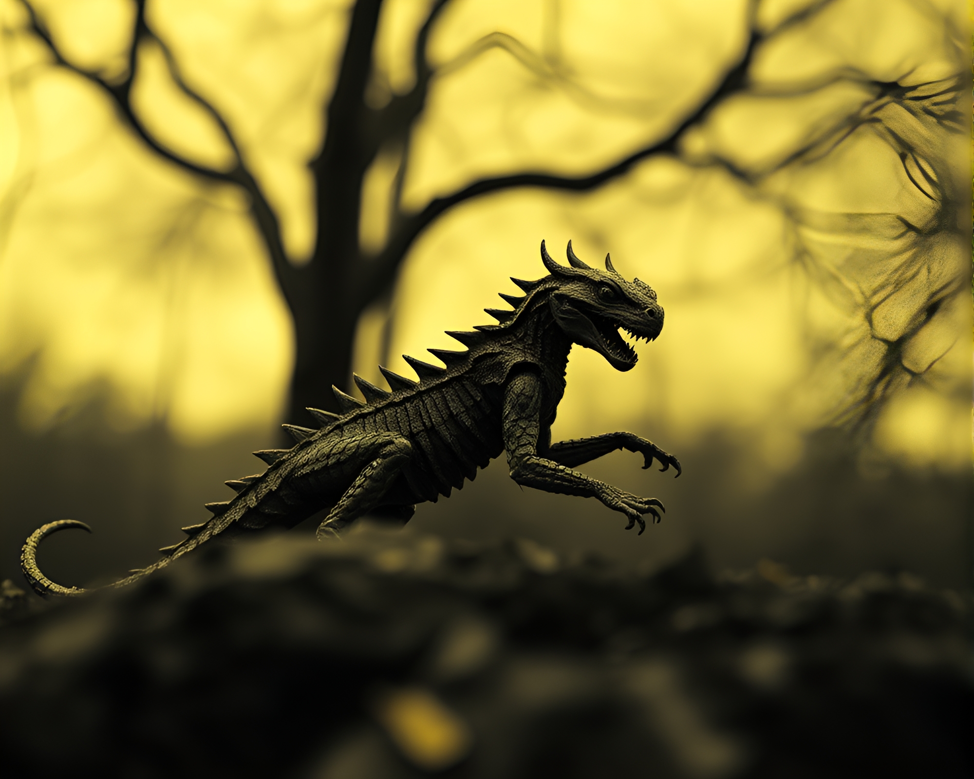 Ethereal Basilisk in Monochrome Yellow Tilt-Shift Photography – free AI stock image