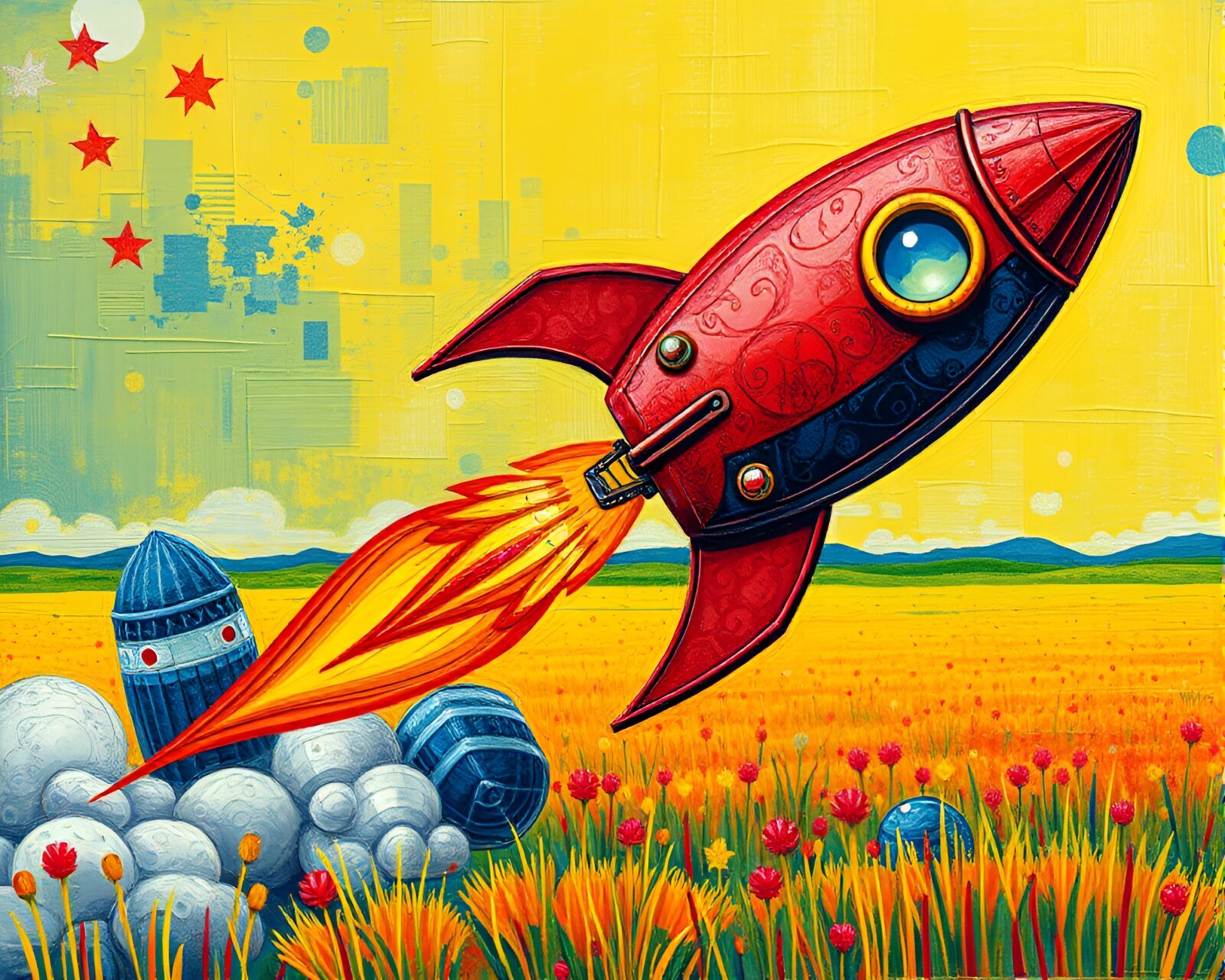 Vibrantly colored rocket design over intricate stitched pattern