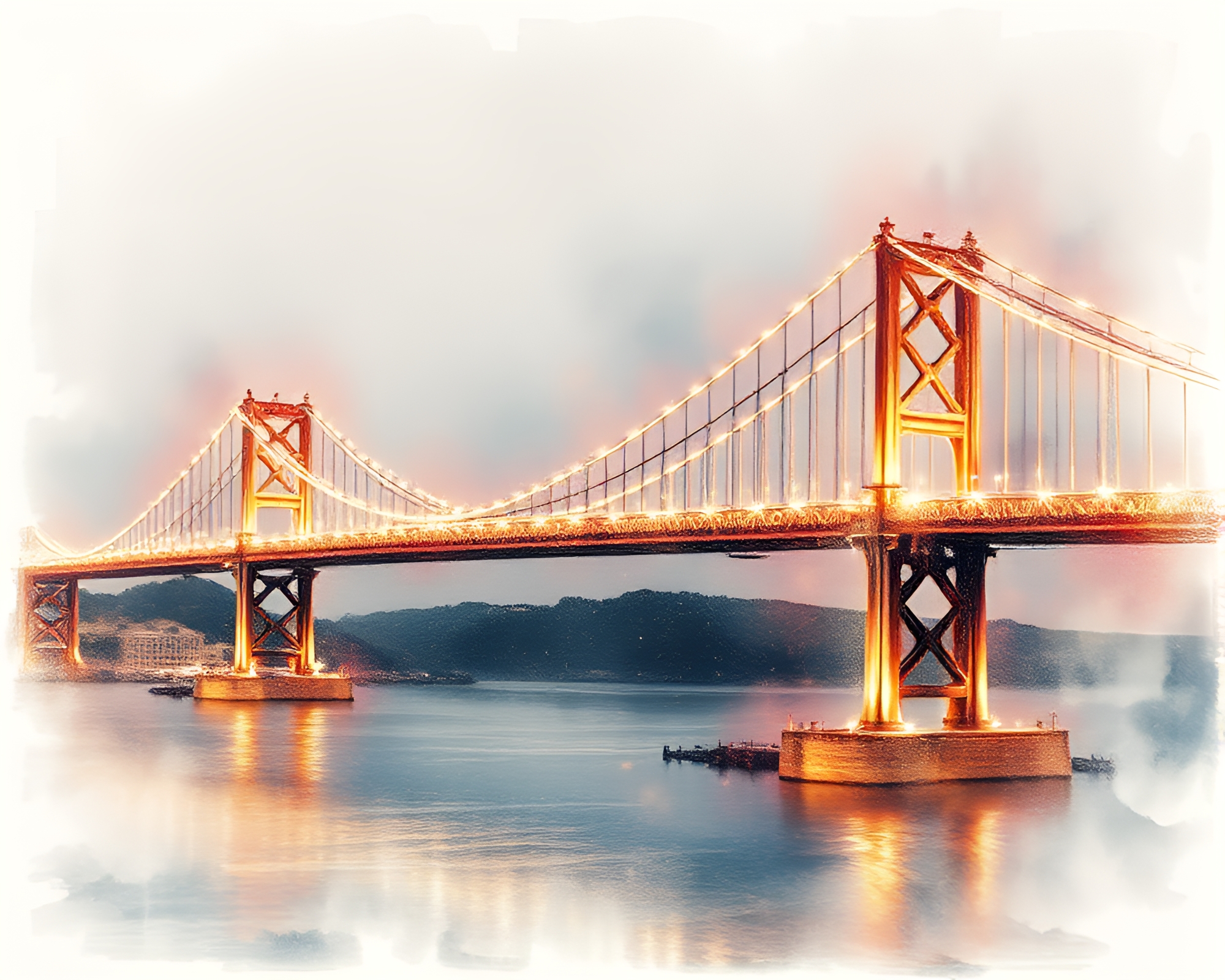 Dreamy Double Exposure Suspension Bridge Pastel Drawing – free AI stock image