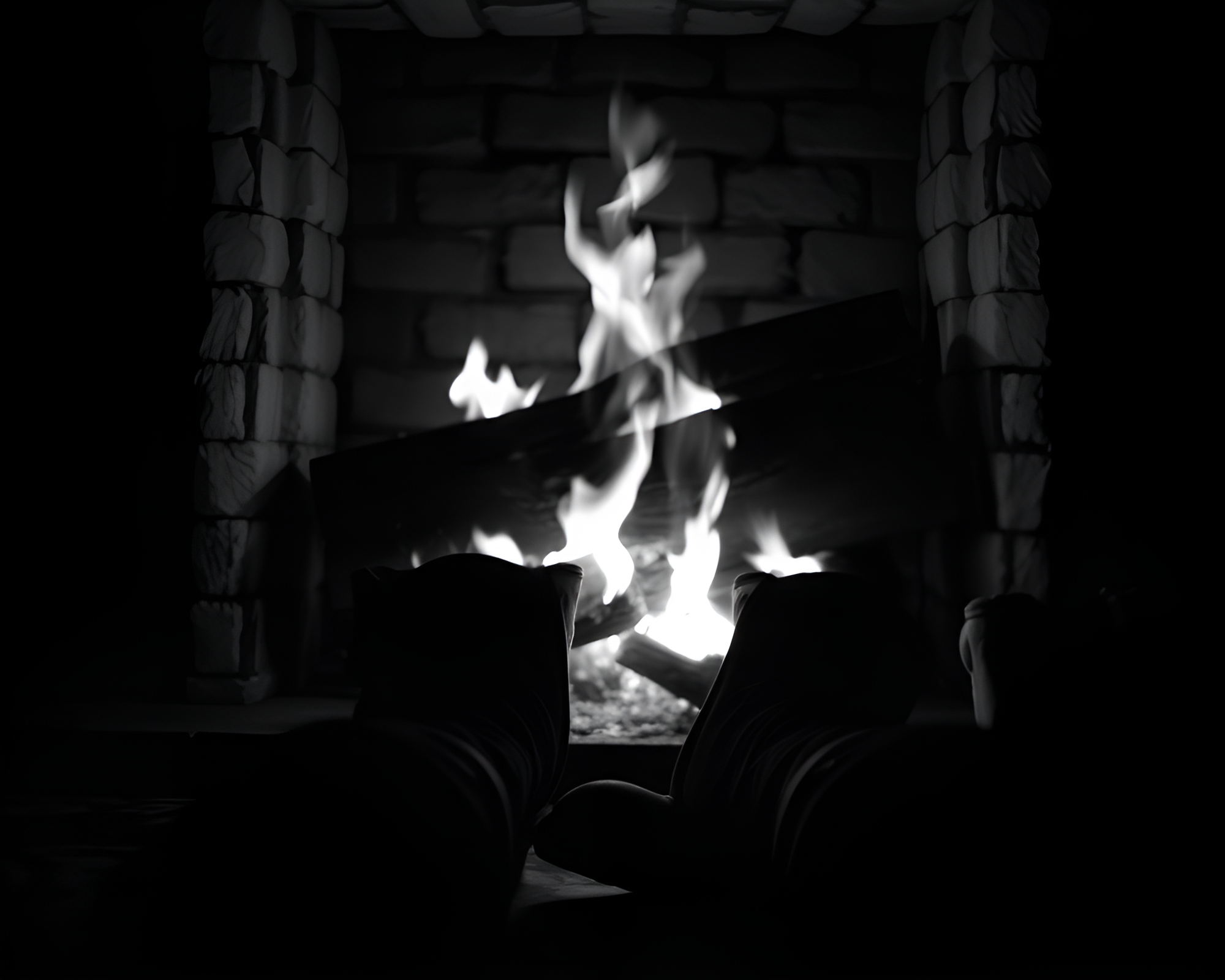 Surreal Gravity Boots in Monochrome Fireplace Setting – free AI stock image