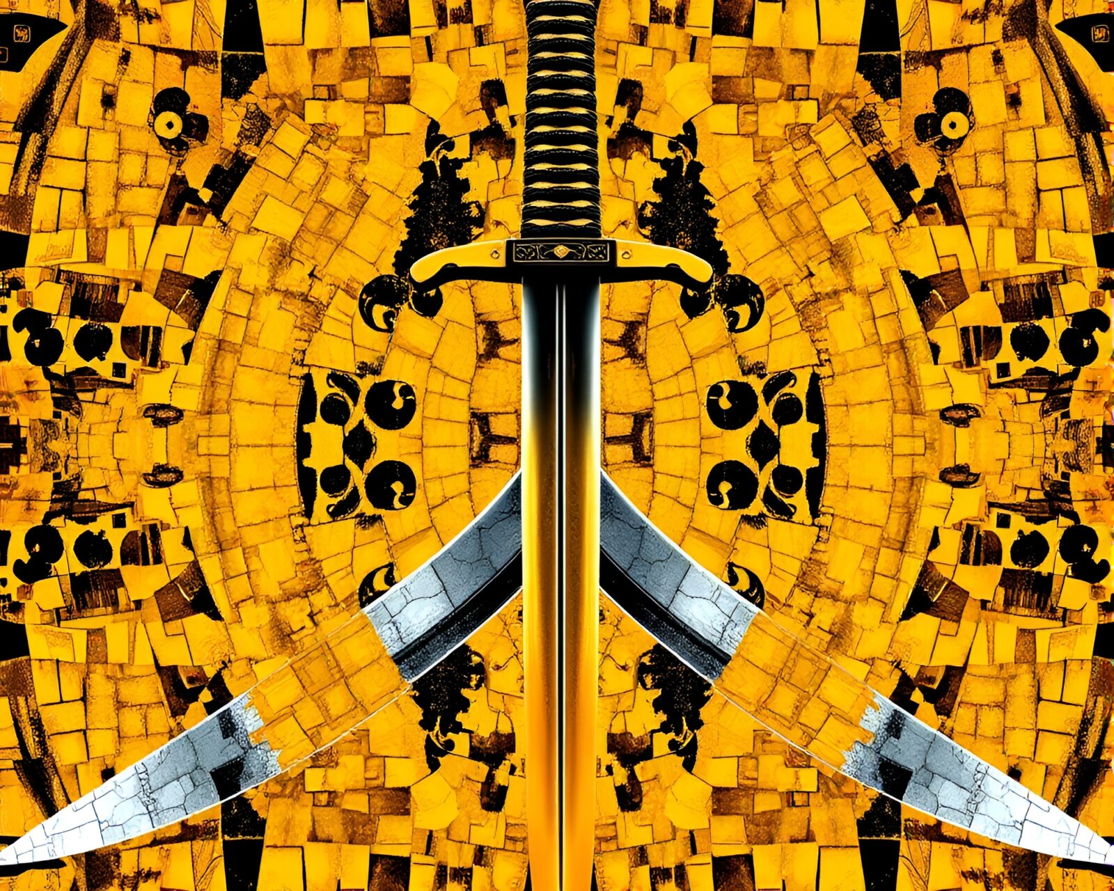Mustard yellow pop lighting on intricately arranged samurai swords.