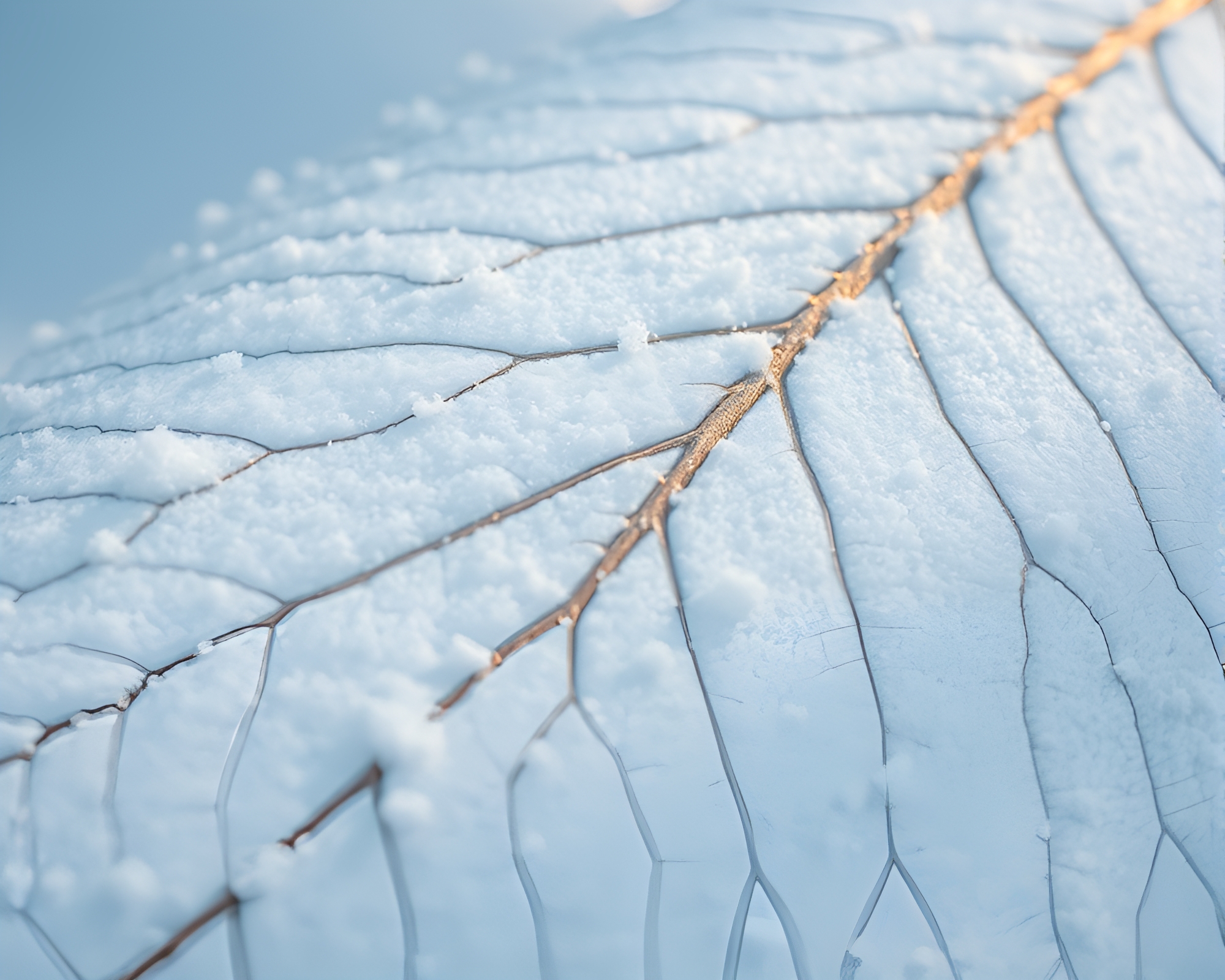 Ethereal Hoverboard Adventure Through Snow-Kissed Leaf Veins – free AI stock image