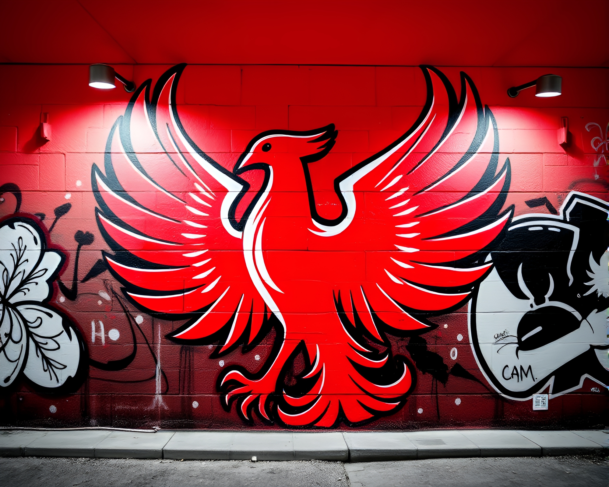 Monochrome Red Phoenix Stereograph Mural Graffiti Art – free AI stock image