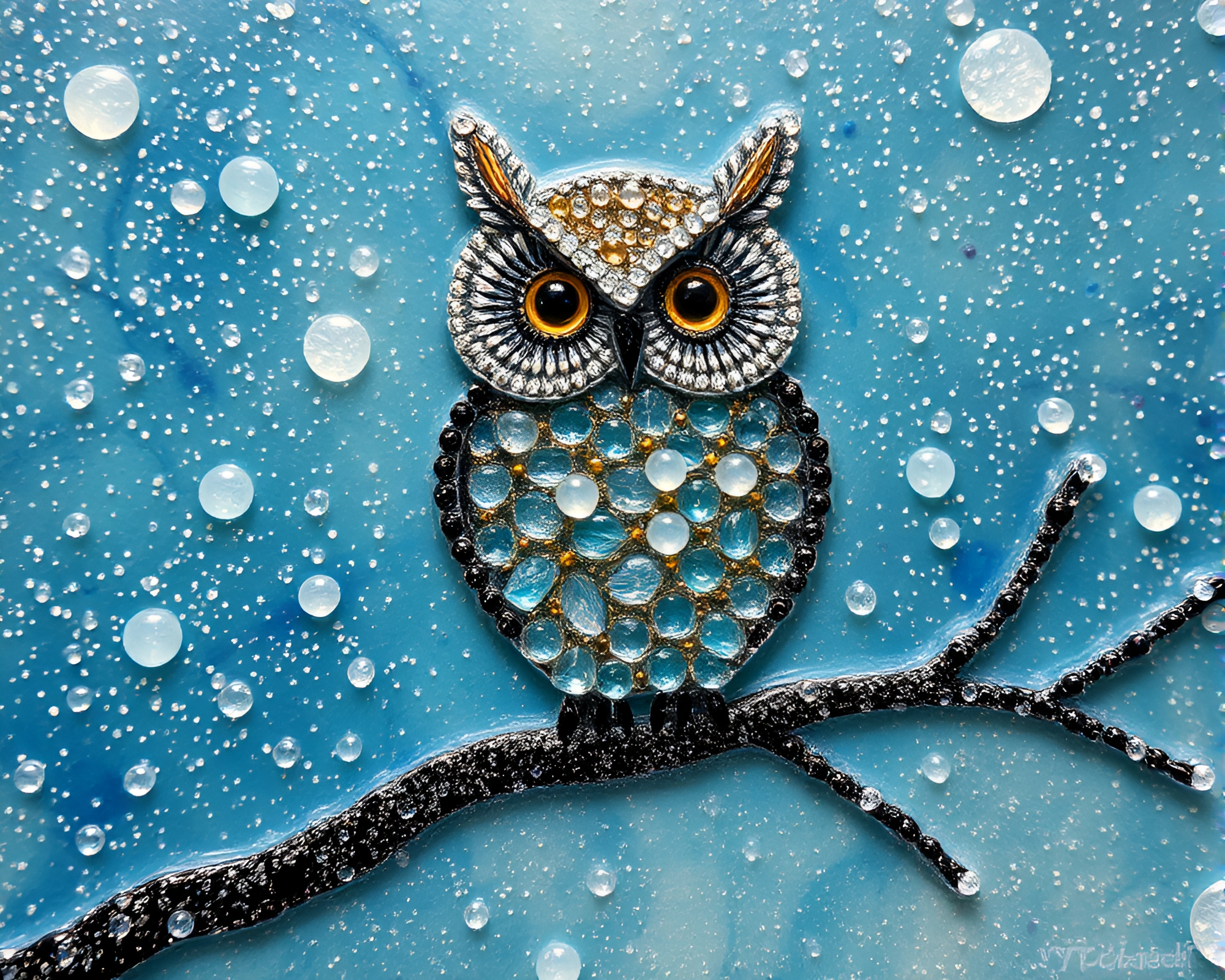 Encaustic Owl in Stardust Shimmer on Wet Glass – free AI stock image