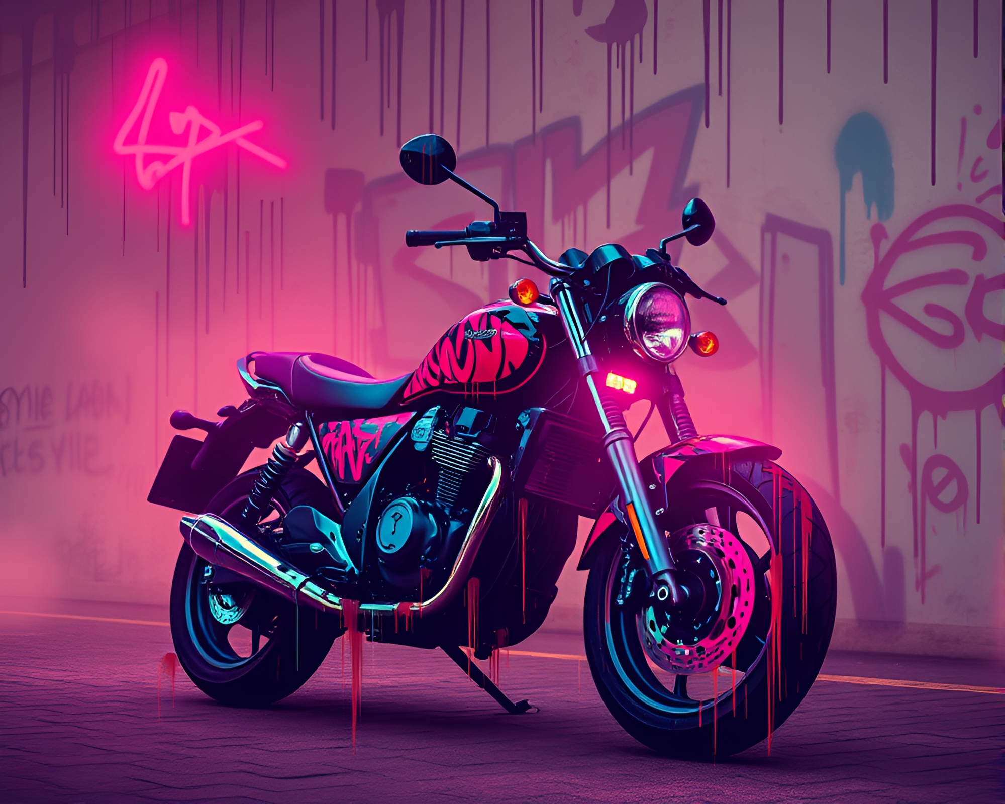Neon Motorcycle in Sepia Glitch Graffiti Environment – free AI stock image