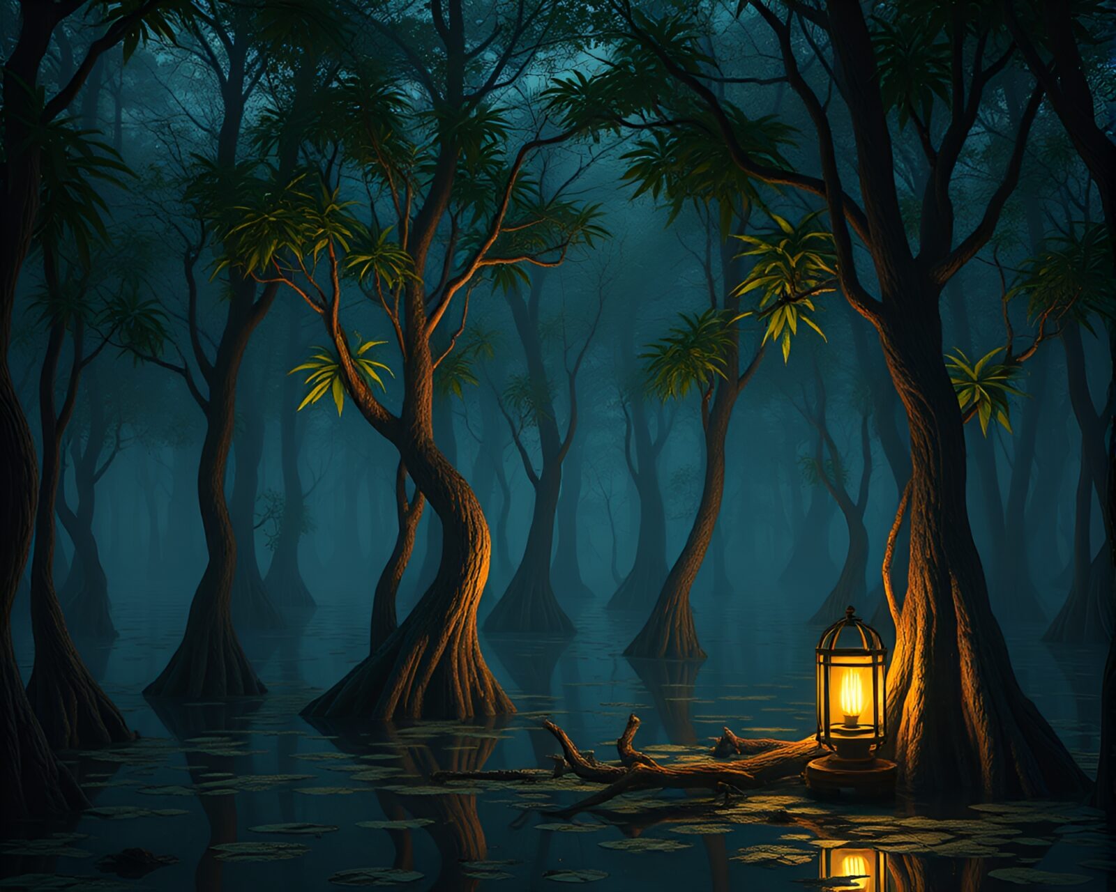 Tight crop concept art of magical mangrove swamp scene