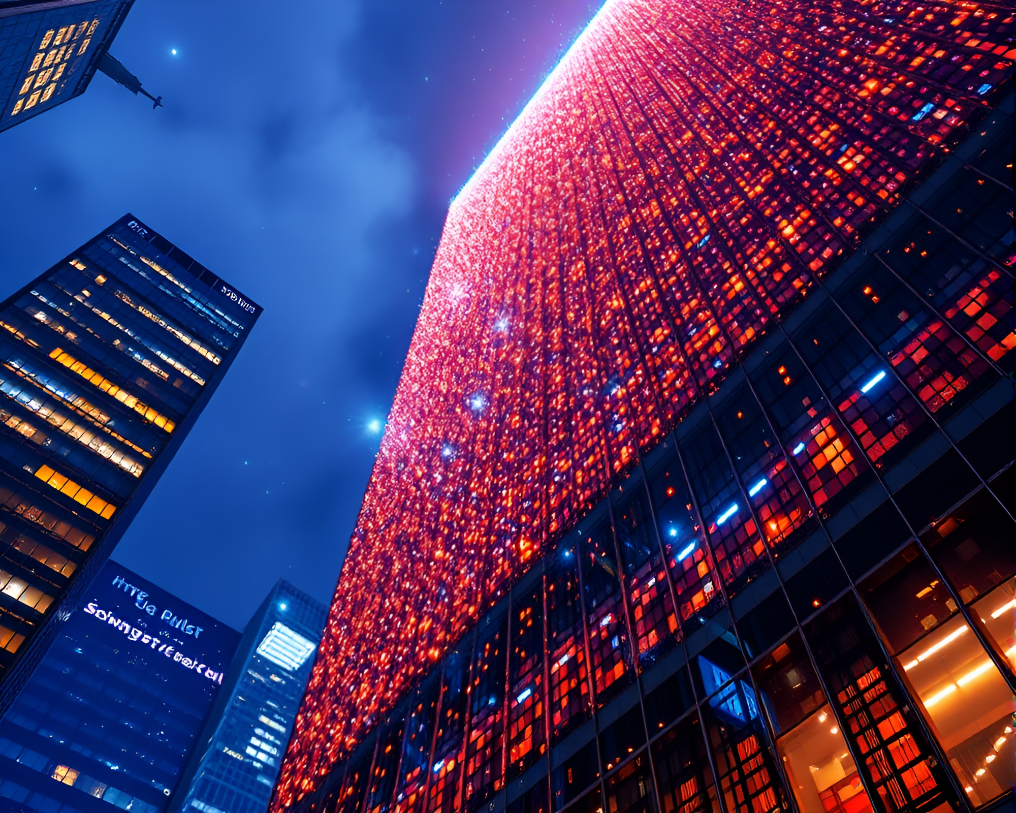 Fluorescent Skyscraper Mosaic Elegance – free AI stock image