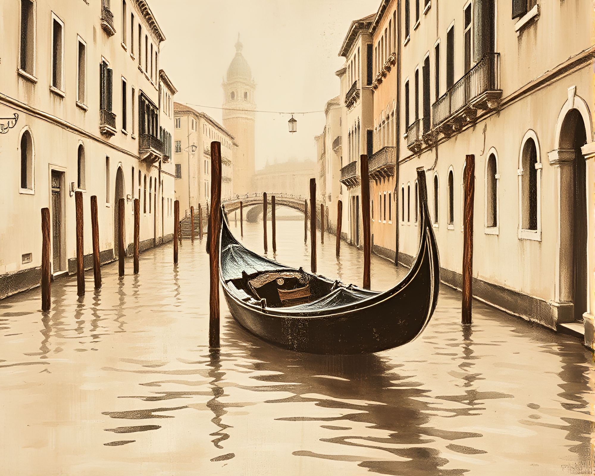 Venetian Gondola Journey in Sepia with Chalk Patterns – free AI stock image