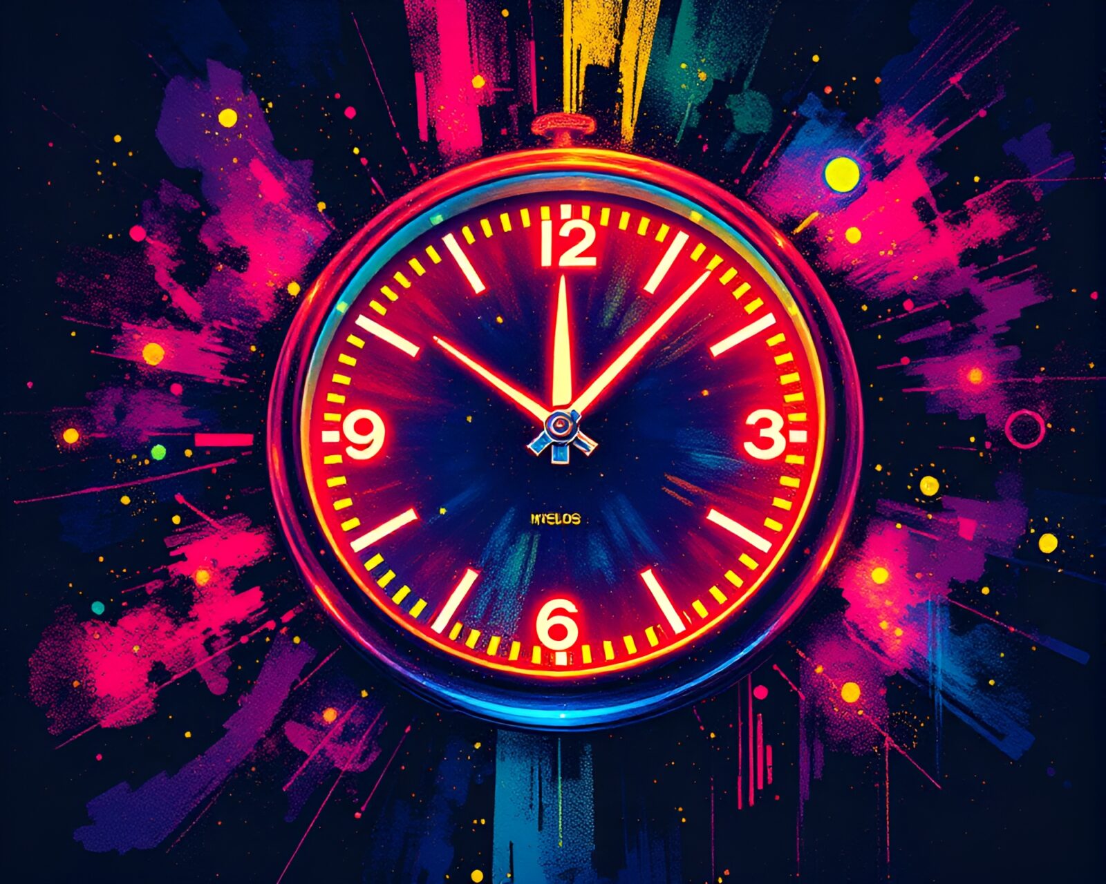 Gouache painting of a futuristic clock with glowing halftone vectors