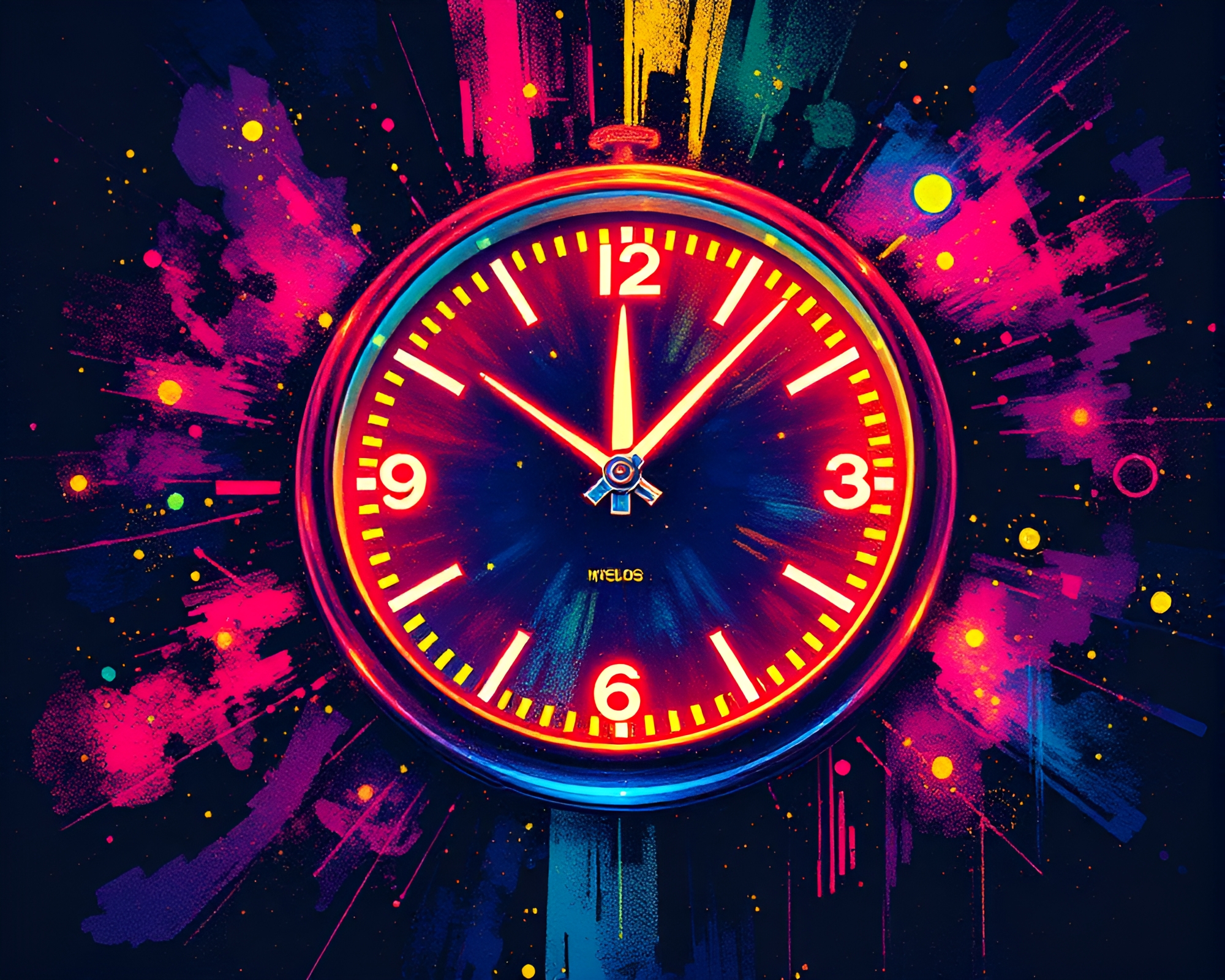 Vector Halftone Chrono Clock with Fluorescent Glow – free AI stock image