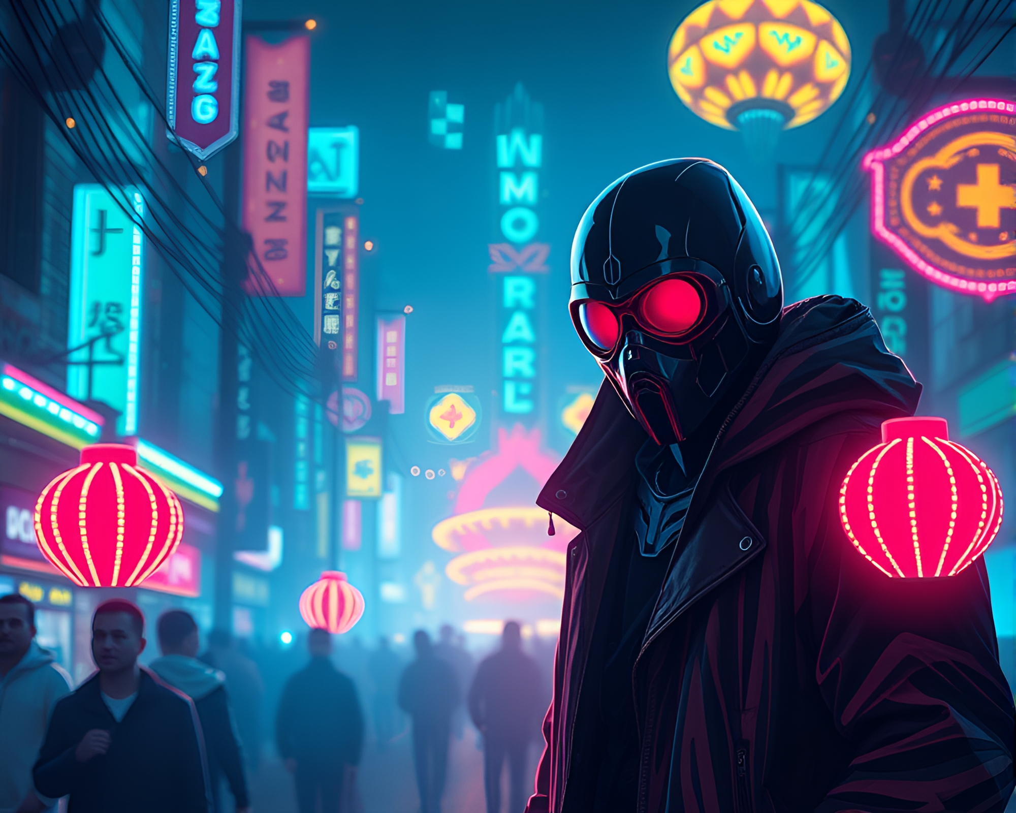 Neon Cyberpunk Vigilante in Futuristic Carnival Lights – free AI stock image