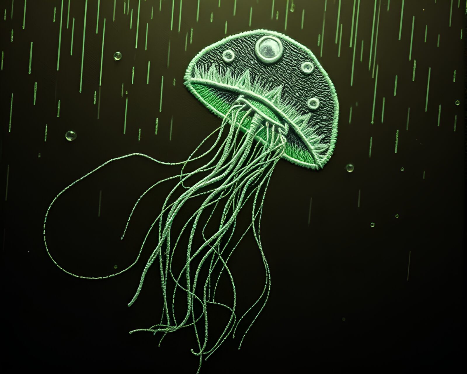 Glowing jellyfish intricately stitched on a sepia rainy day