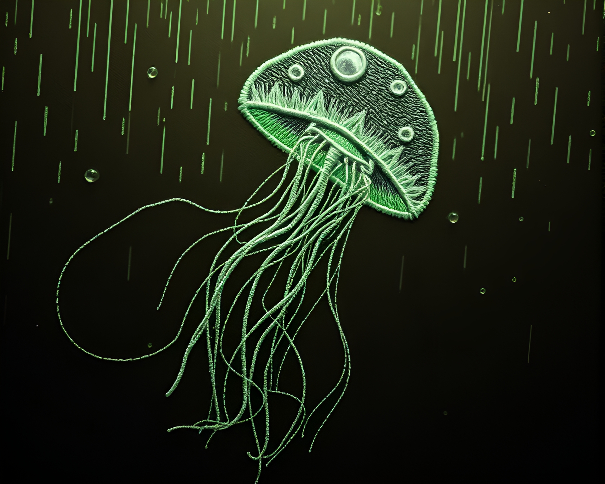 Bioluminescent Jellyfish Embroidered in Sepia Rainy Reflections – free AI stock image
