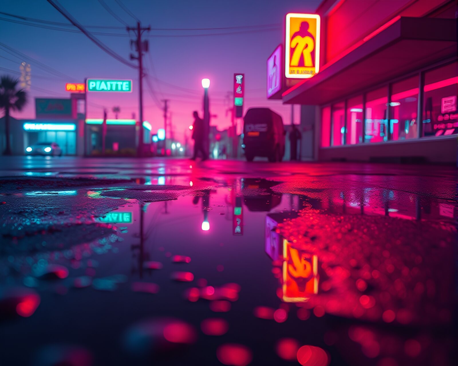 Vibrant Synthwave cityscape reflecting in puddle at night