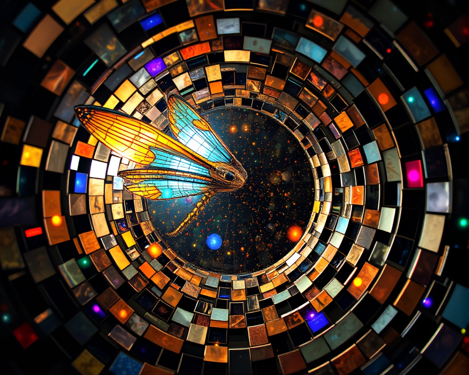 Colorful and mysterious collage featuring a fragmented wormhole generator