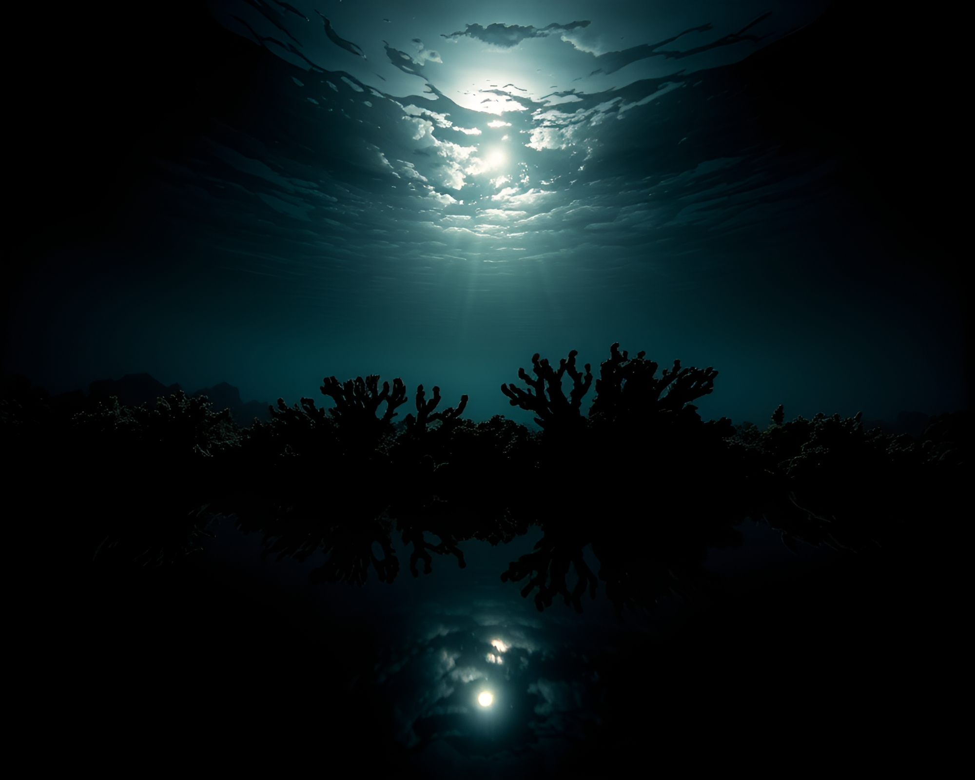 Majestic Coral Reef Double Reflection Silhouette – free AI stock image