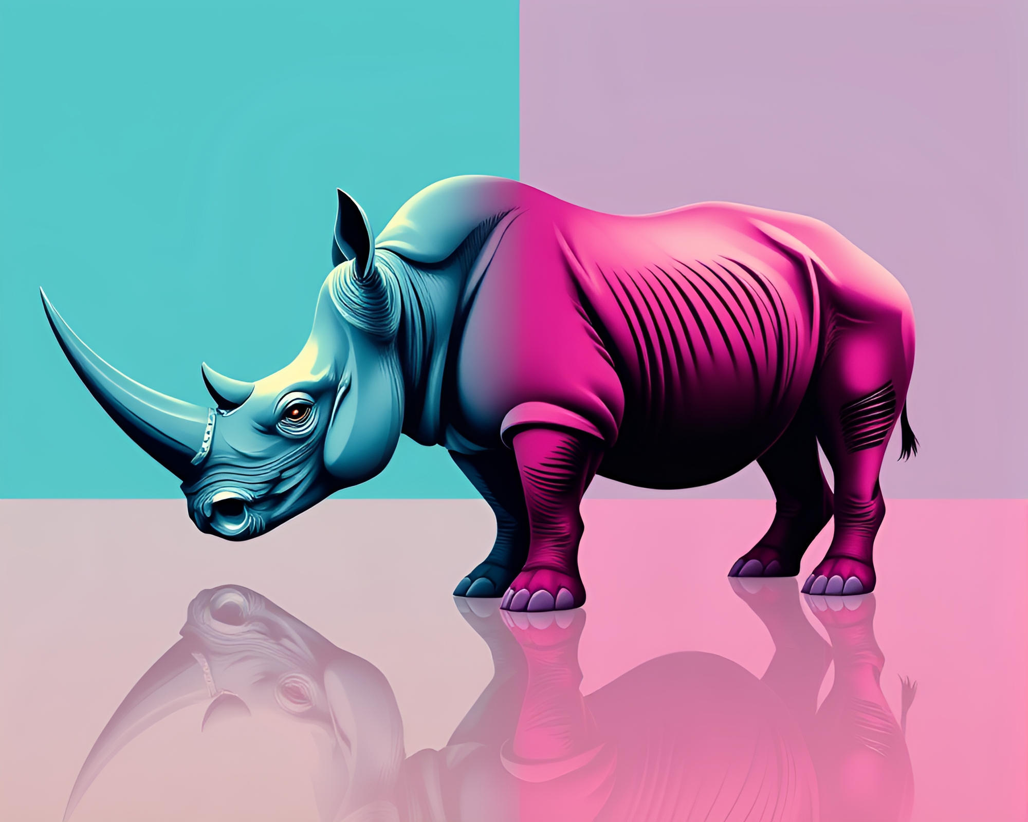 Double Reflection: Rhinoceros in Triadic Colors – free AI stock image