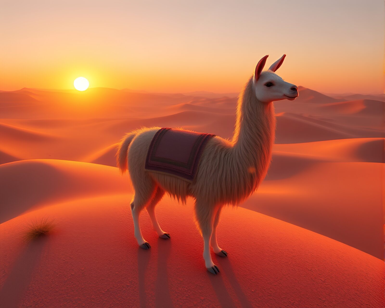 High-poly 3D llama in vivid desert sunset lighting