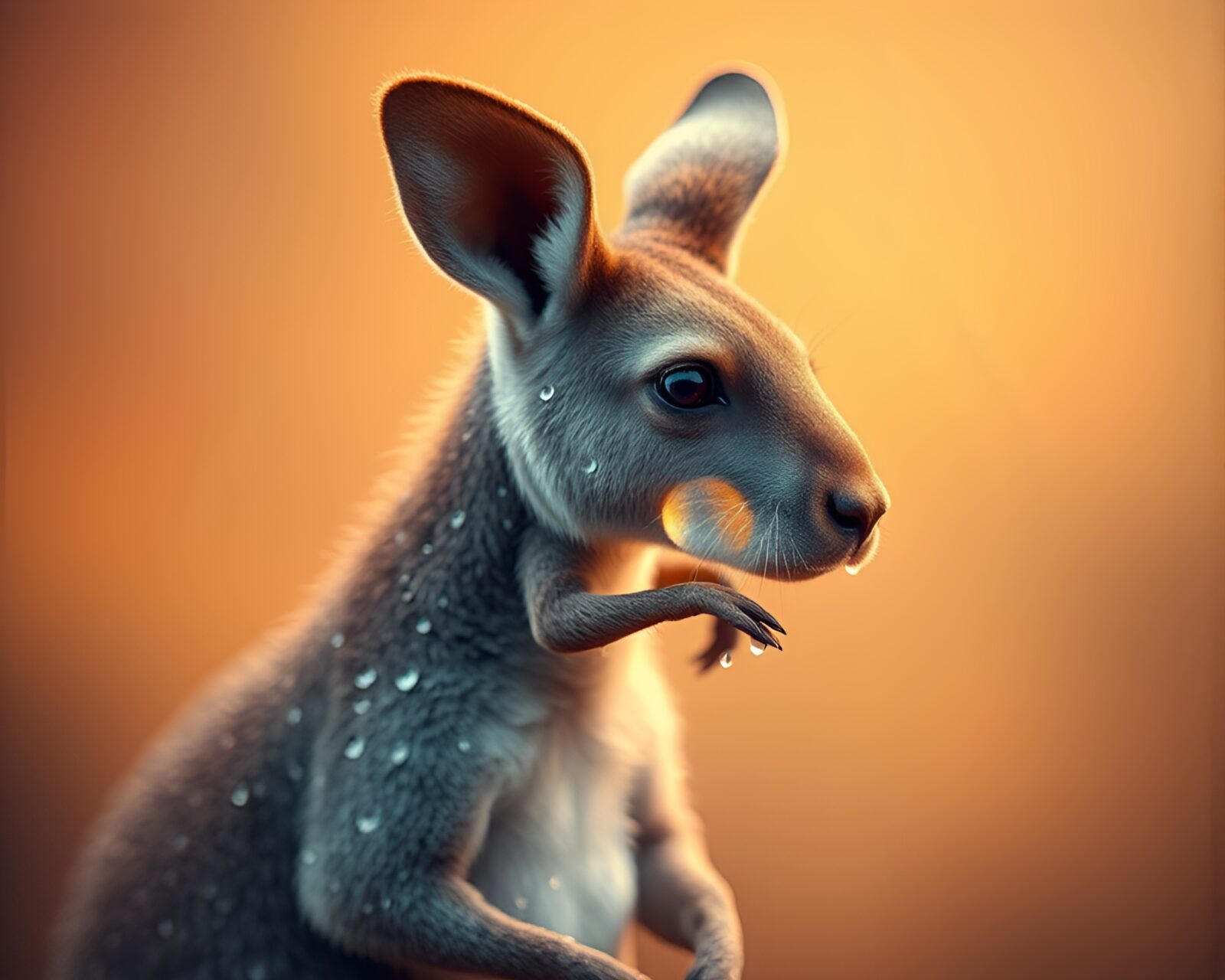 Surrealistic kangaroo surrounded by dew drops and soft gradients