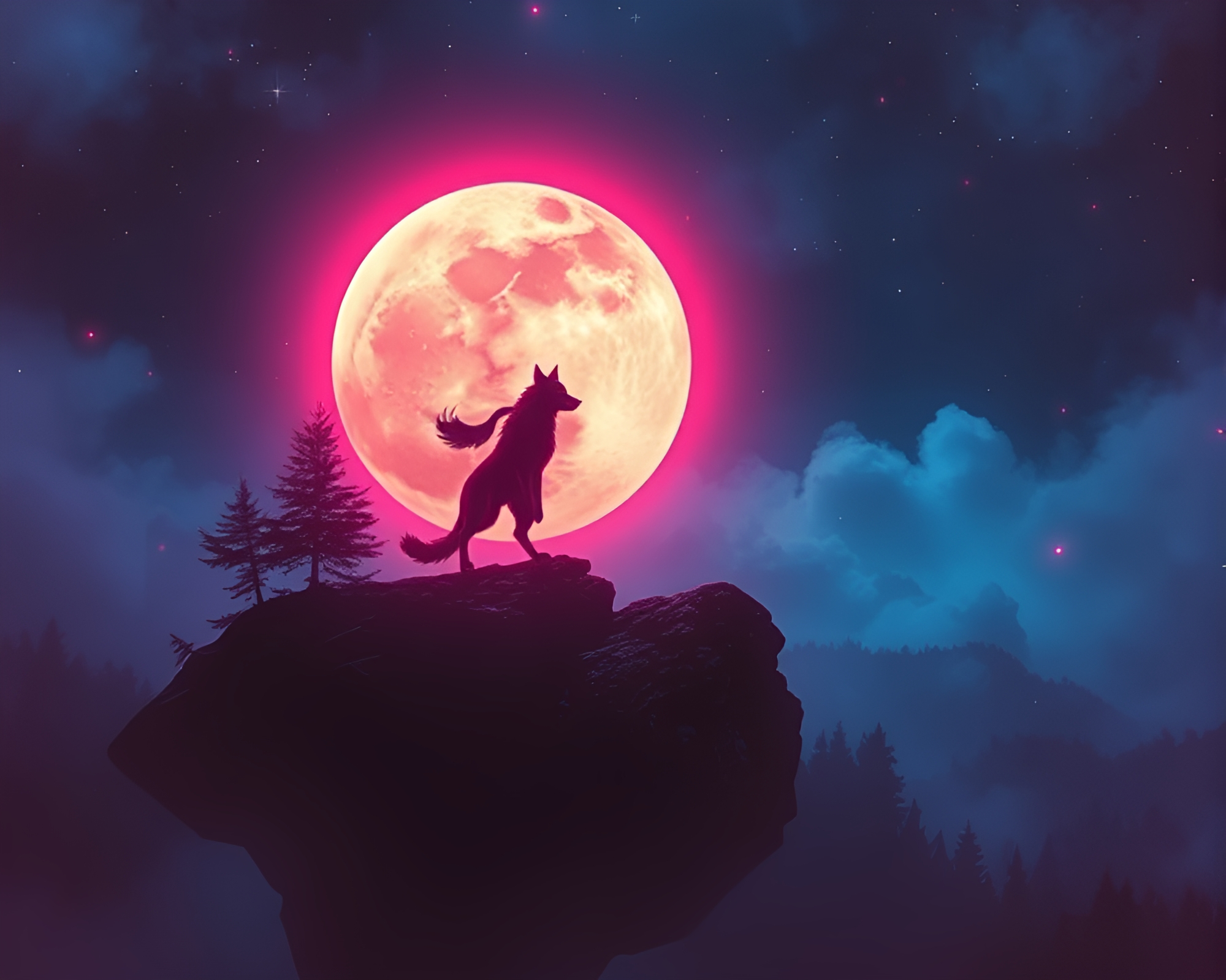 Moonlit Wolf Howling in Retro-futuristic Sorcery – free AI stock image