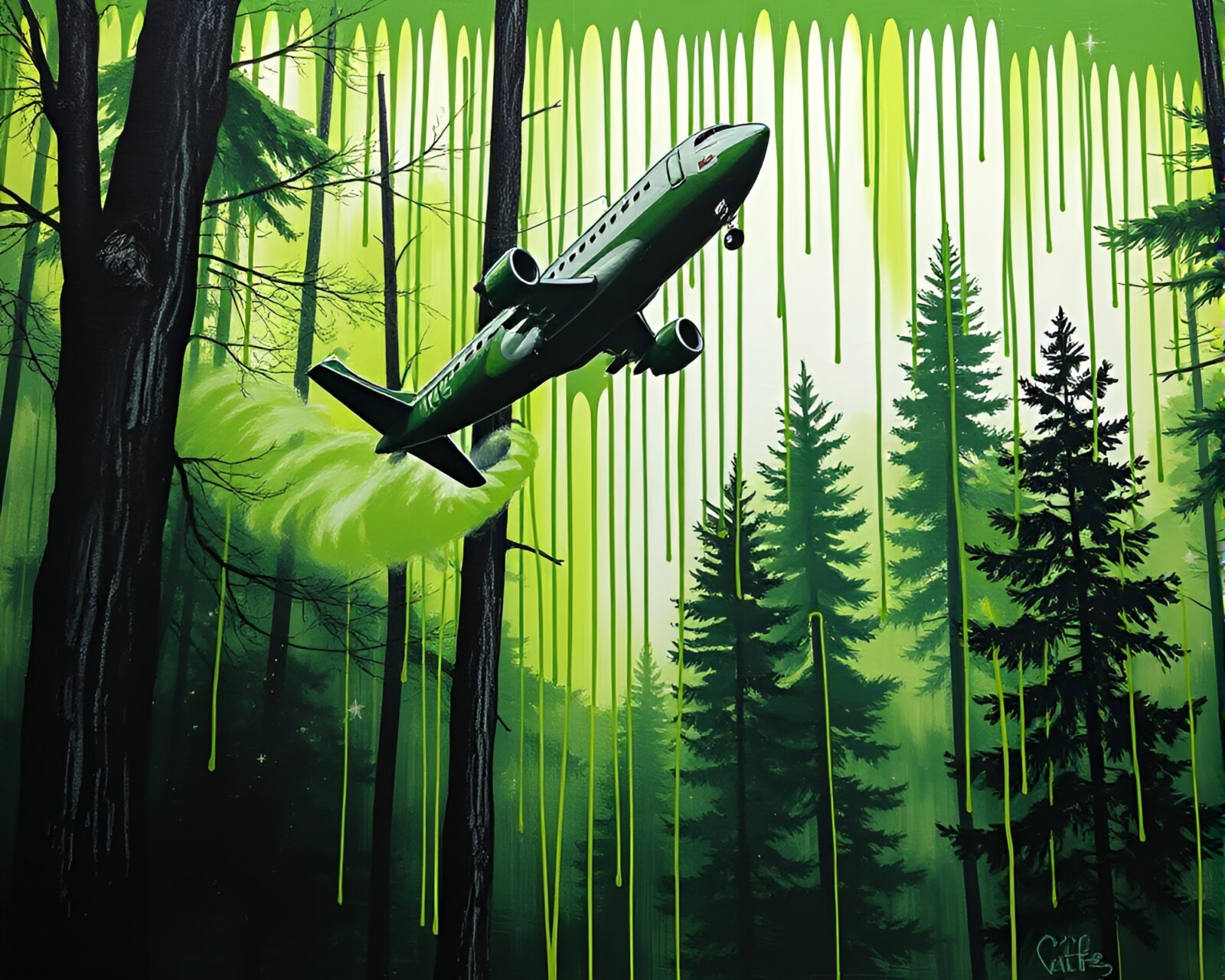 Surreal image of a plane covered in dripping graffiti in a mystical green forest