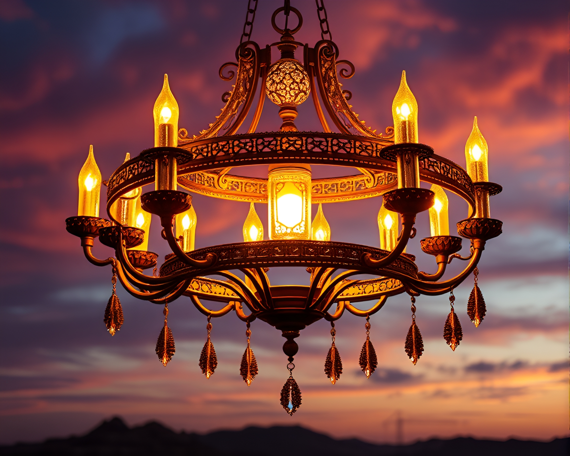 Gothic Chandelier Lit by LED Desert Sunset Art – free AI stock image