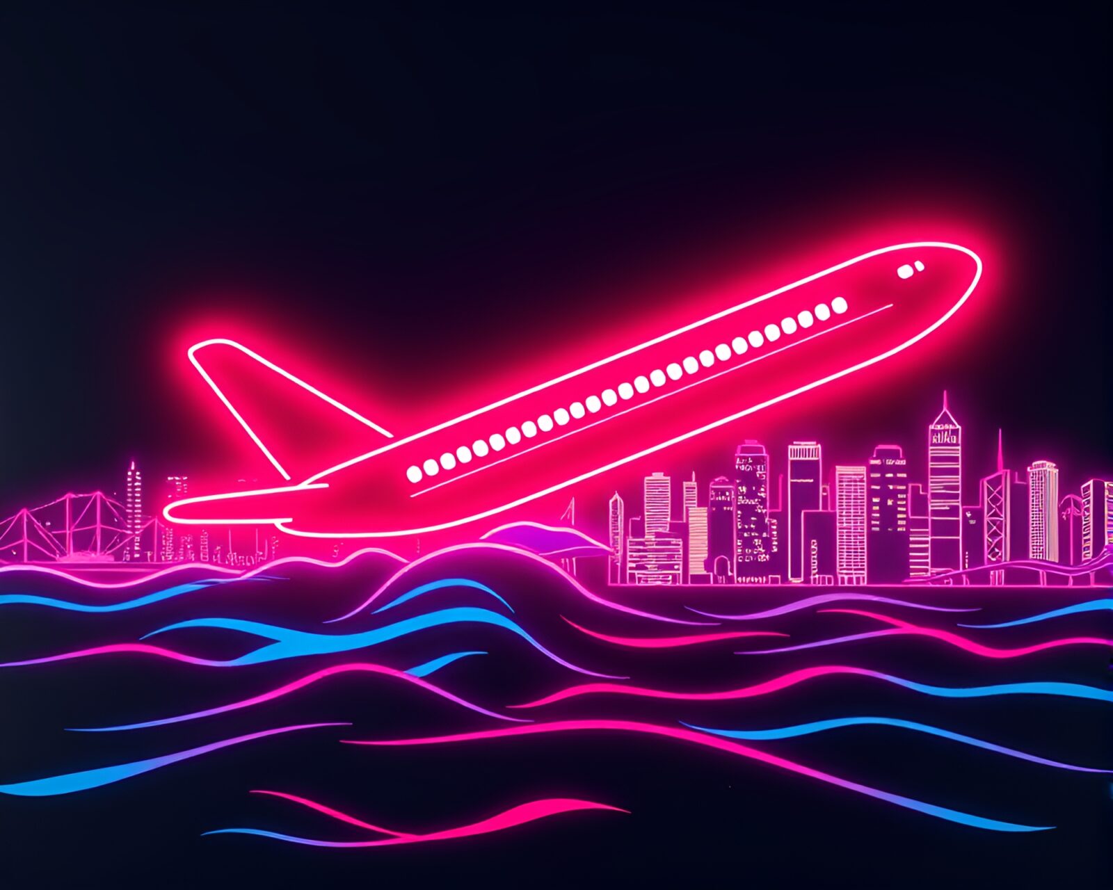 Stylized stencil art of sea plane flying in neon city