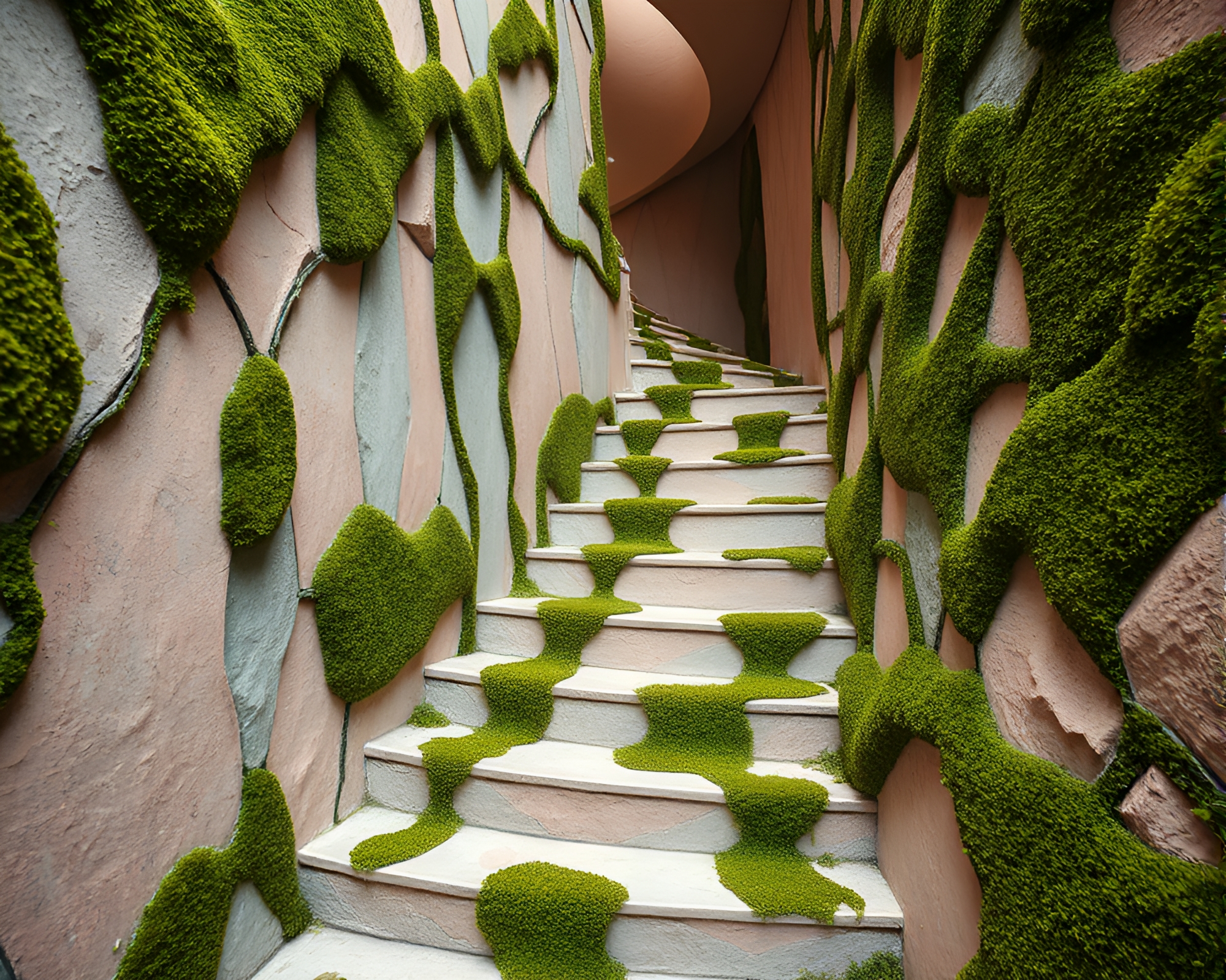 Cubist Moss-Strewn Escher Staircase of Pastels – free AI stock image