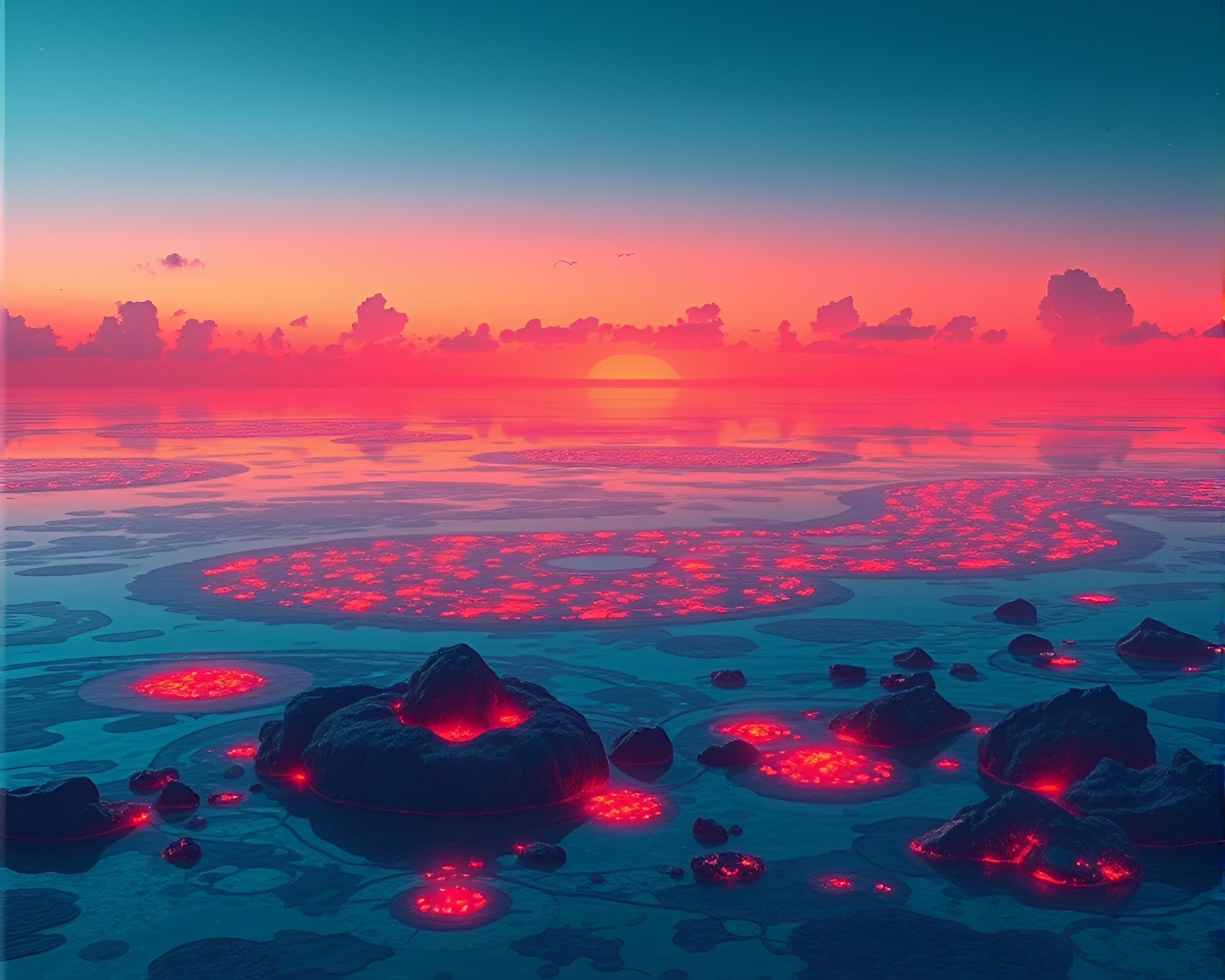 Neon Coral Atoll: Floating Embers Landscape Etching – free AI stock image