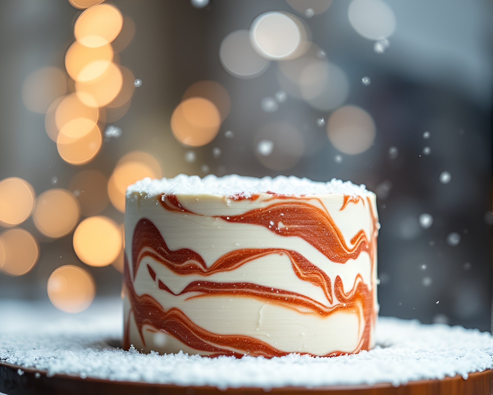 Whimsical Marbled Cake in Snowy Bokeh Forest – free AI stock image