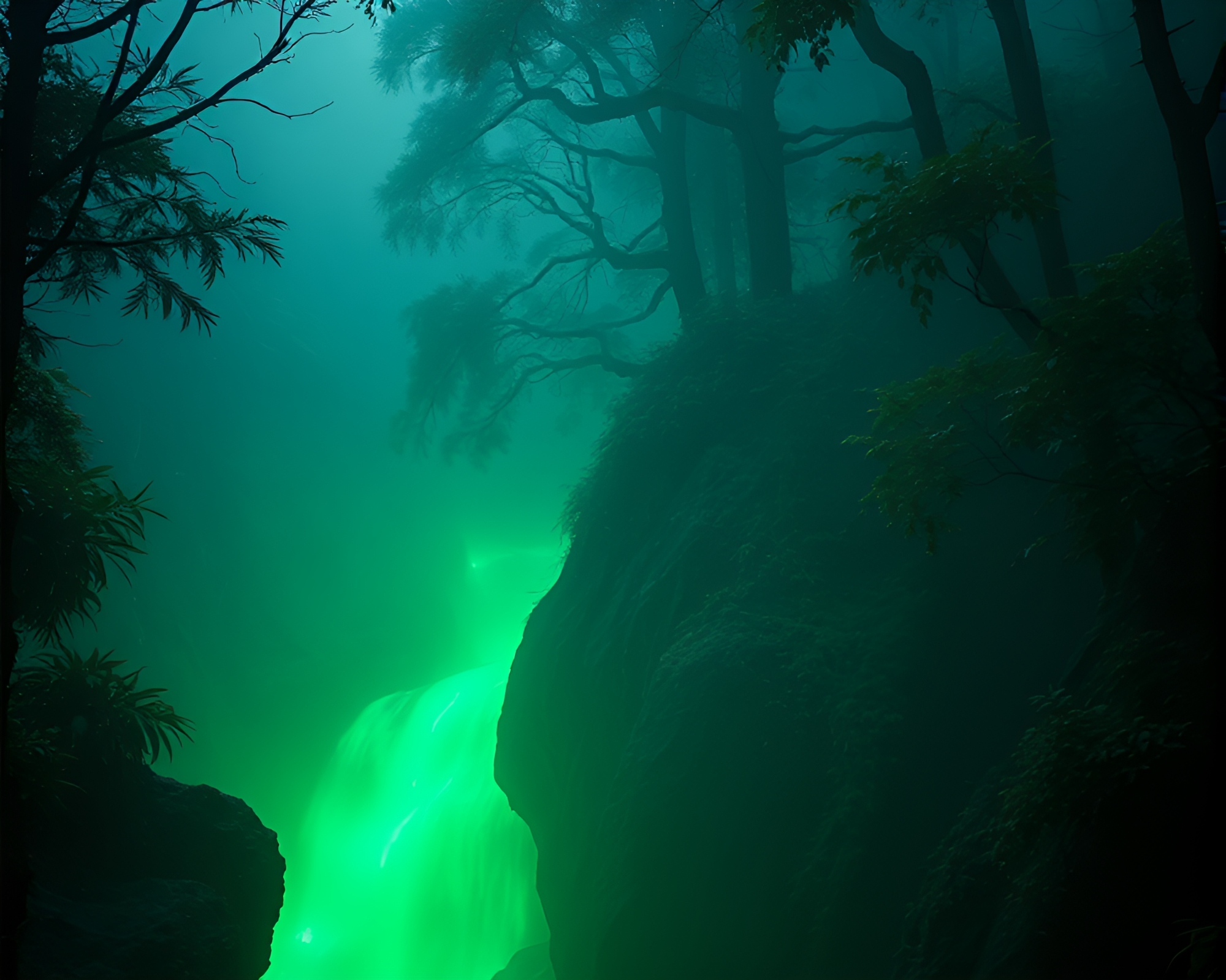 Glowing Rune Stone in Rainforest Green Haze Composition – free AI stock image