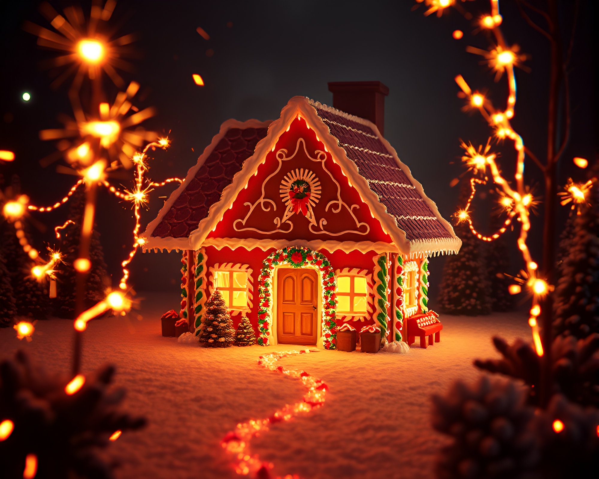 Gingerbread House Sparkler Trails in 3D Anaglyph Illusion – free AI stock image