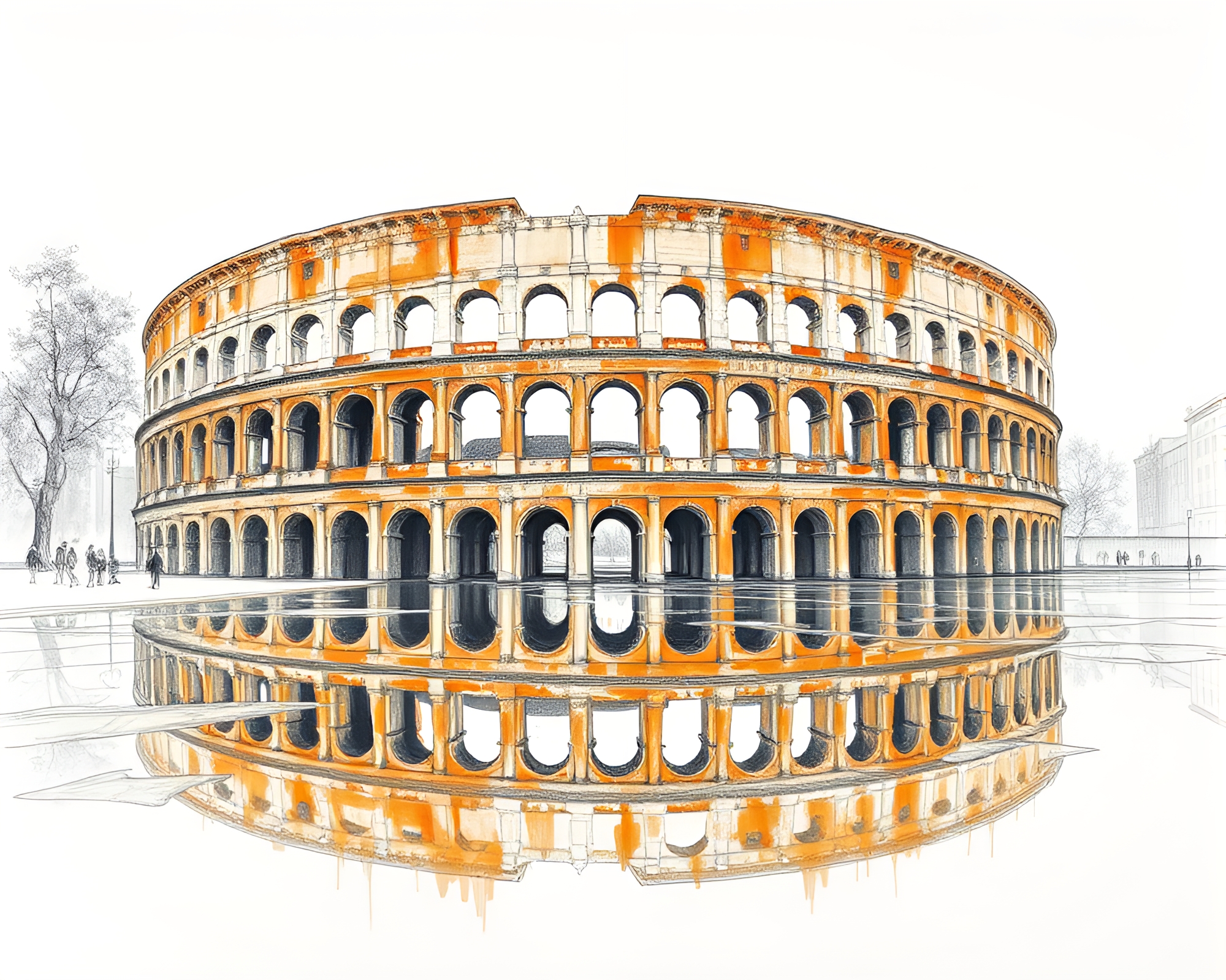 Copper-toned Roman Coliseum Reflected in Mirror Shard Sketch – free AI stock image