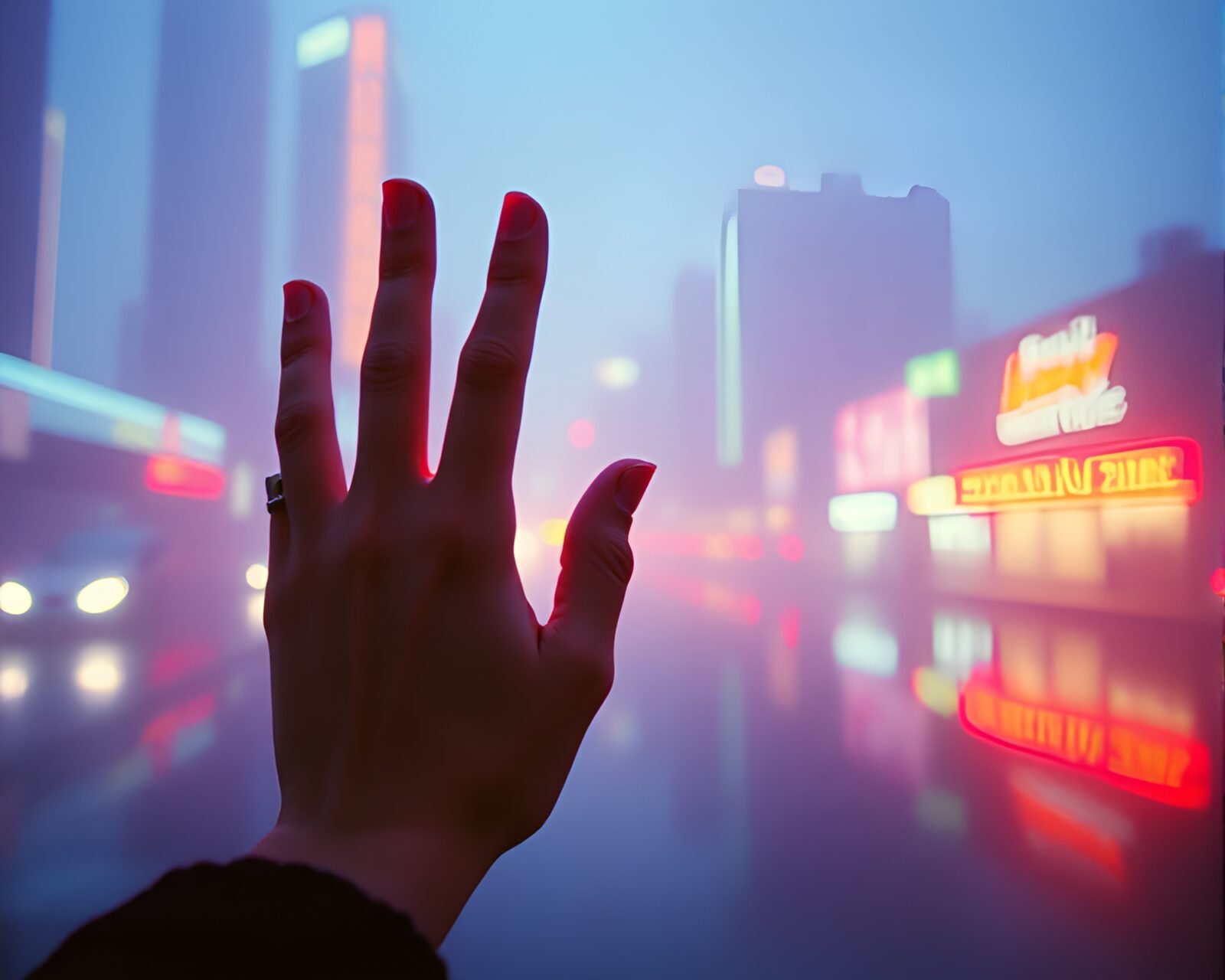 Glowing cybernetic hand in retro neon-lit cityscape