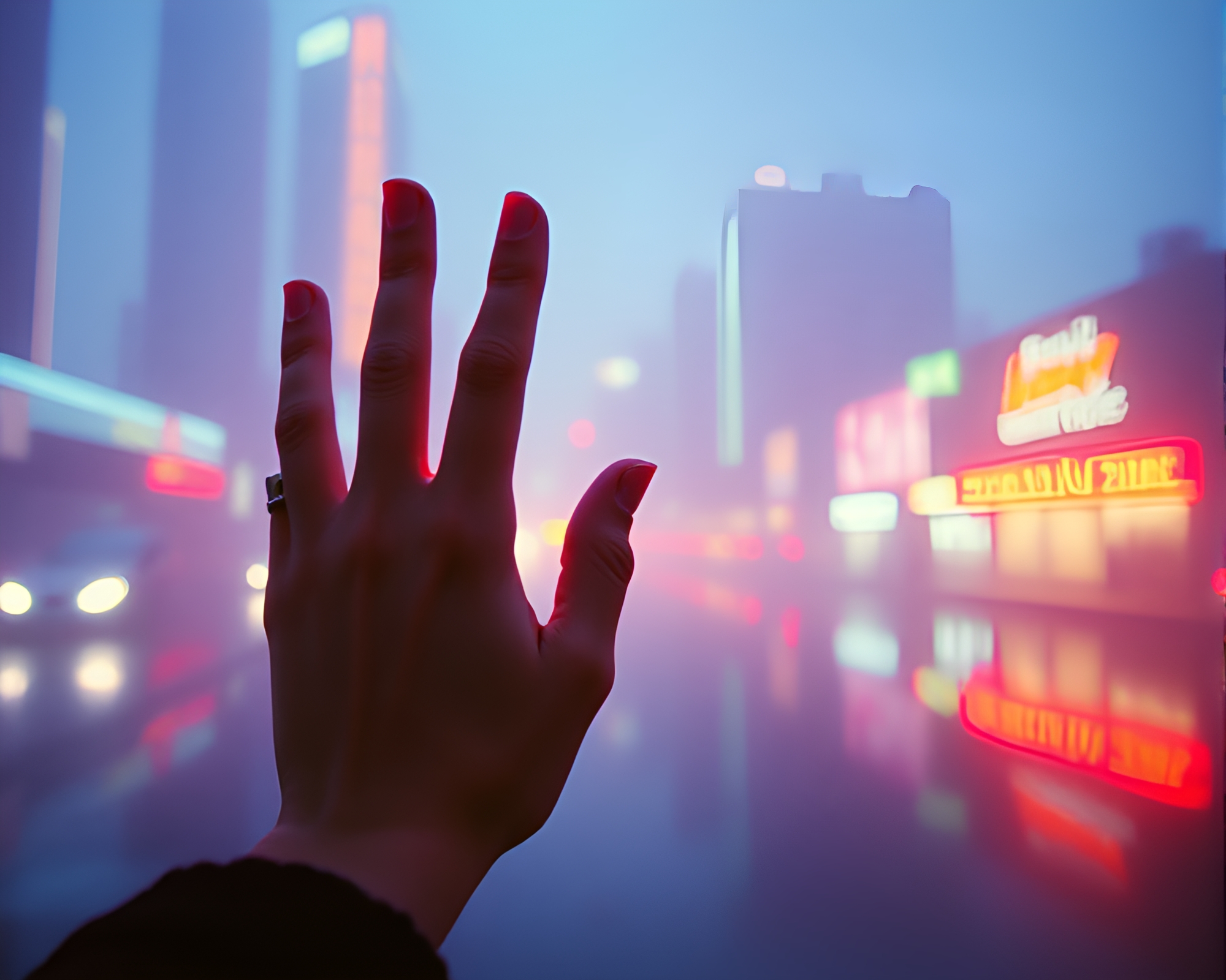 Neon Cybernetic Hand in Digital Twilight Haze – free AI stock image