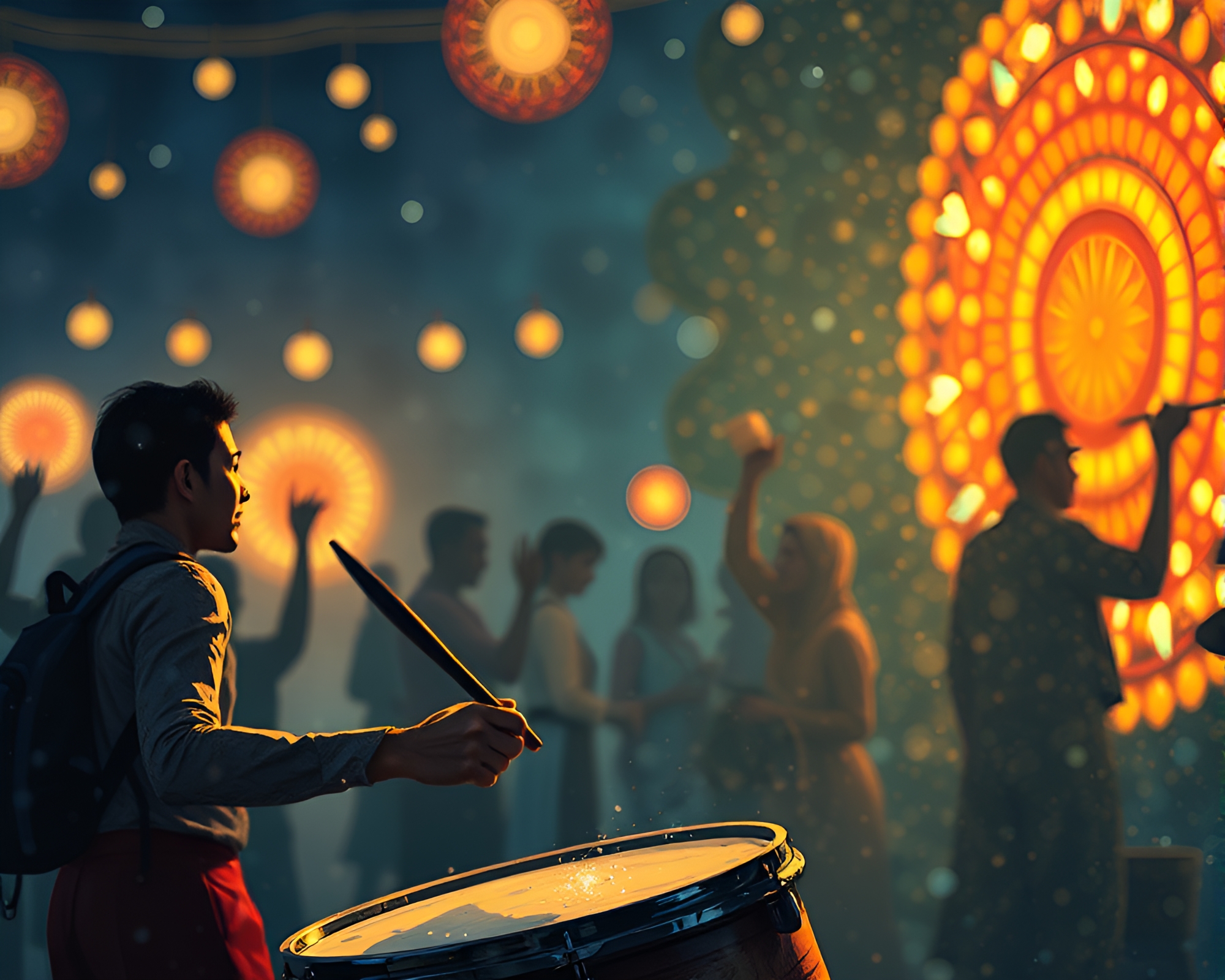 Enchanted Drummer in Mosaic Light Fantasy Illustration – free AI stock image